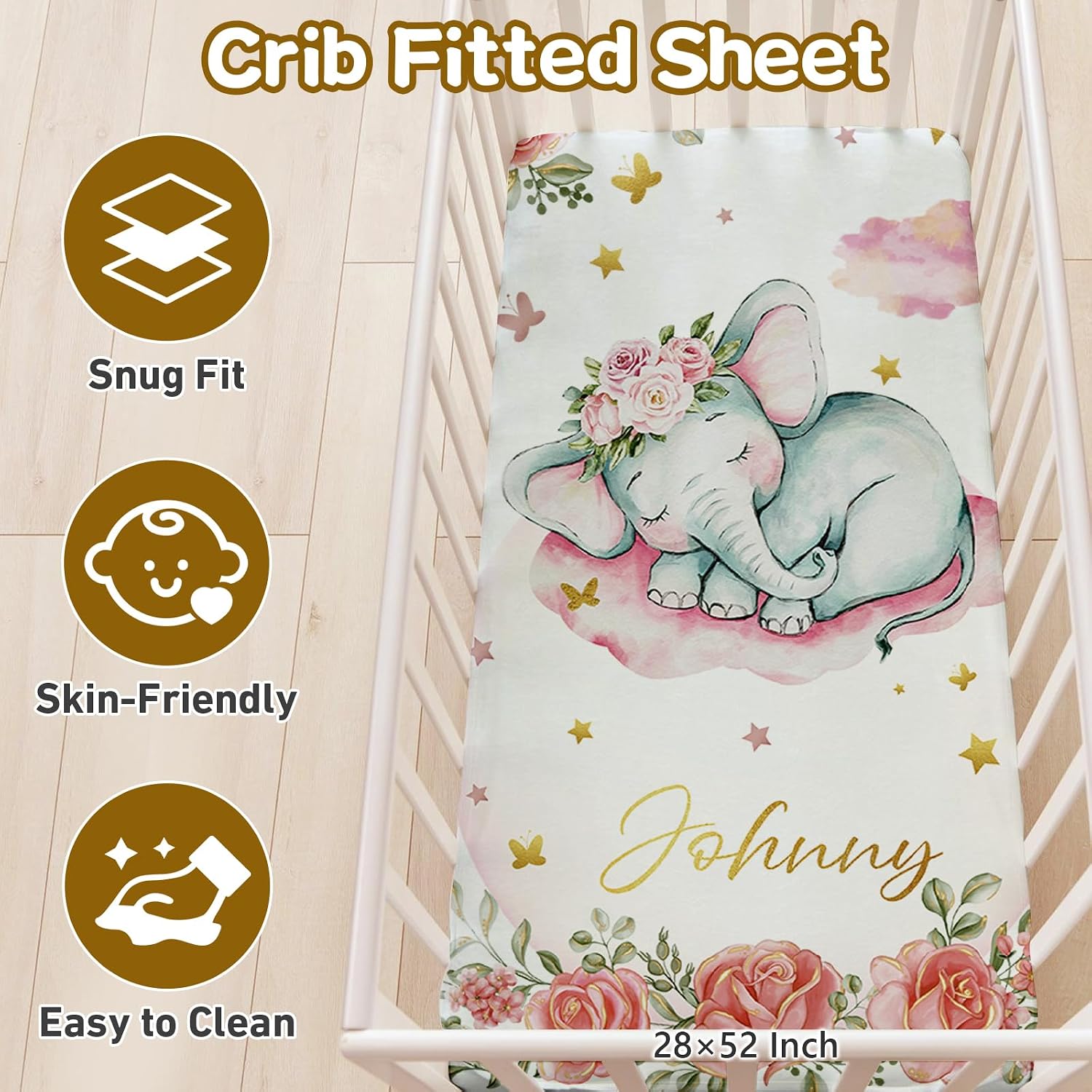 Terwex Personalized Baby Bedding Set, 5 Pcs Custom Name Bedding for Girls & Boys - Soft Toddler Crib Sets for Infant Customized Gifts, Pink Elephant