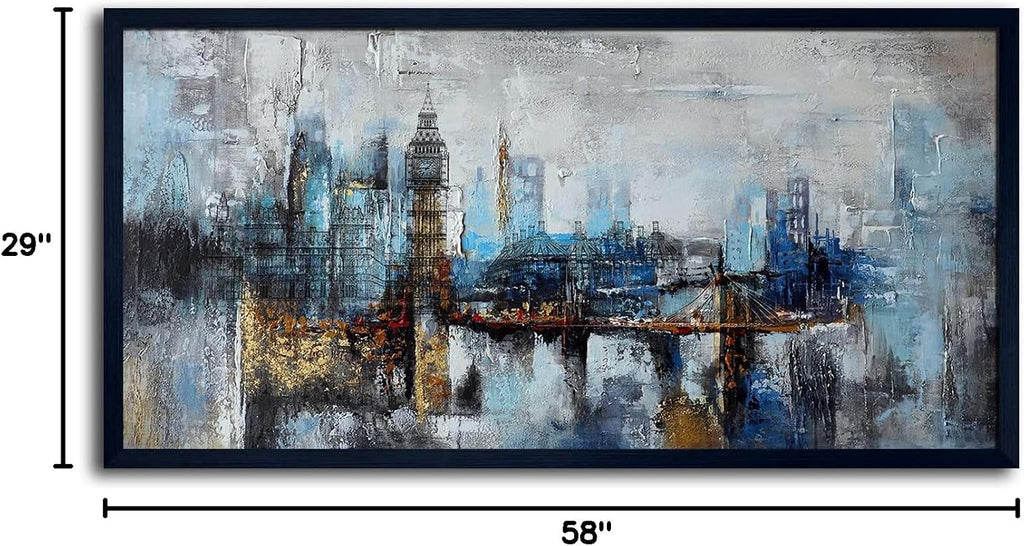 Large Wall Art for Bedroom Abstract City View Canvas Art Gray Blue Buildings Prints for Bedroom Wall Art Office Artwork Wall Decor for Living Room Decor 29x58 inches Black Framed