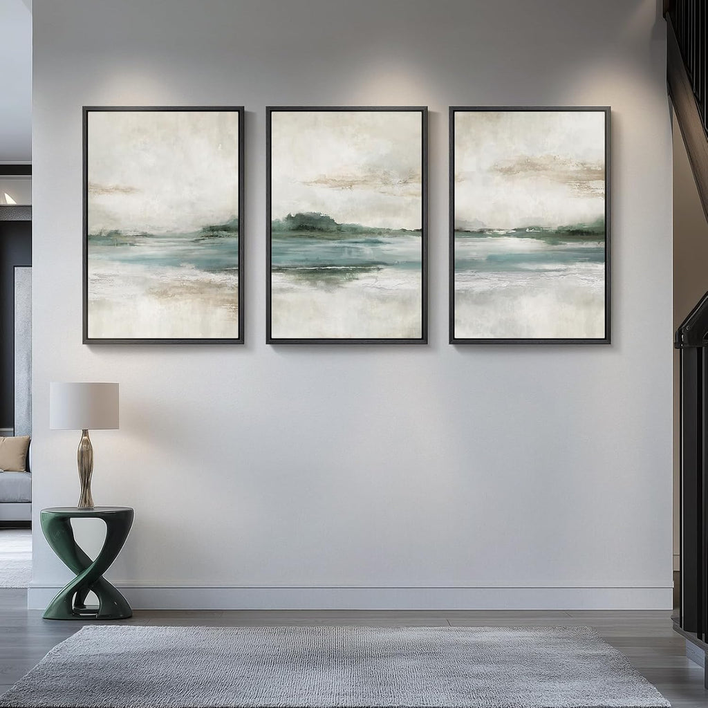 Large Framed Abstract Nature Landscape Wall Art for Living Room, Set of 3 Modern Canvas Prints Paintings Artwork for Walls, Green Lake Pictures for Hallway, Dining Room, Office Wall Decor 24x36 Inch