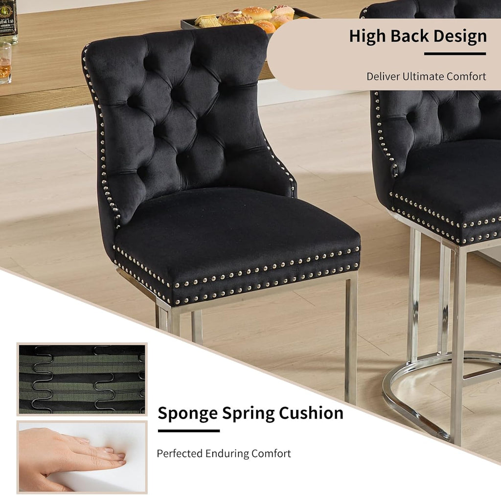 25' Counter Height Bar Stools Set of 4, Velvet Counter Stools for Kitchen Island, Tufted High Chair with Backs, Fabric Upholstered Modern Barstools for Pub Cafe, Chromed Metal Legs (Black, 4Pcs)