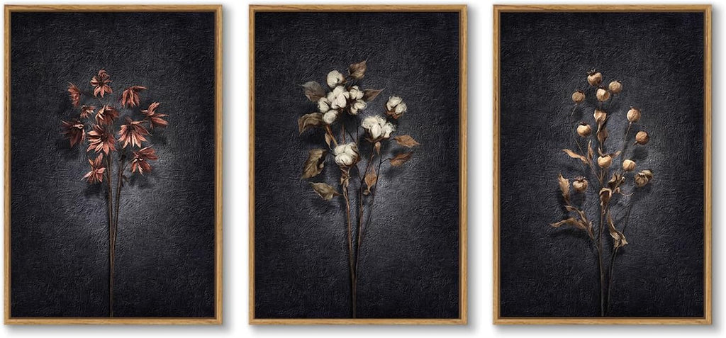3 Piece Framed Vintage Botanical Wall Art for Living Room, Large Black Retro Floral Canvas Artwork for Walls, Dark Moody Flower Picture Prints Paintings for Kitchen Hallway Wall Decor, 24x36 Inch