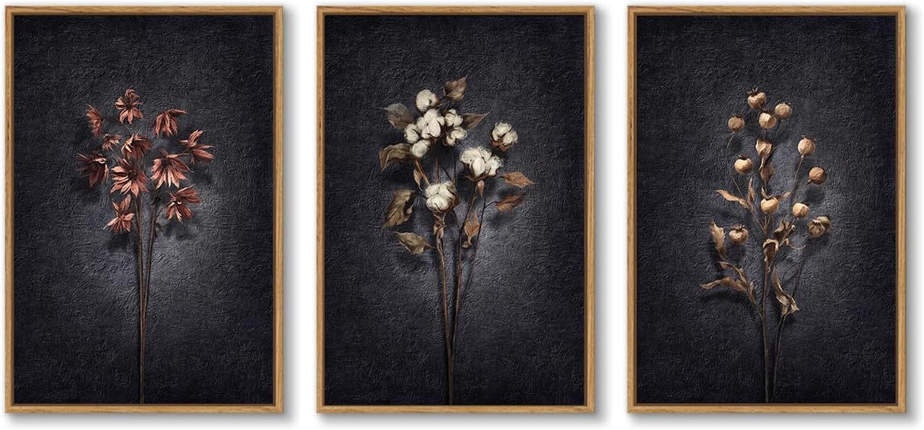 3 Piece Framed Vintage Botanical Wall Art for Living Room, Large Black Retro Floral Canvas Artwork for Walls, Dark Moody Flower Picture Prints Paintings for Kitchen Hallway Wall Decor, 24x36 Inch