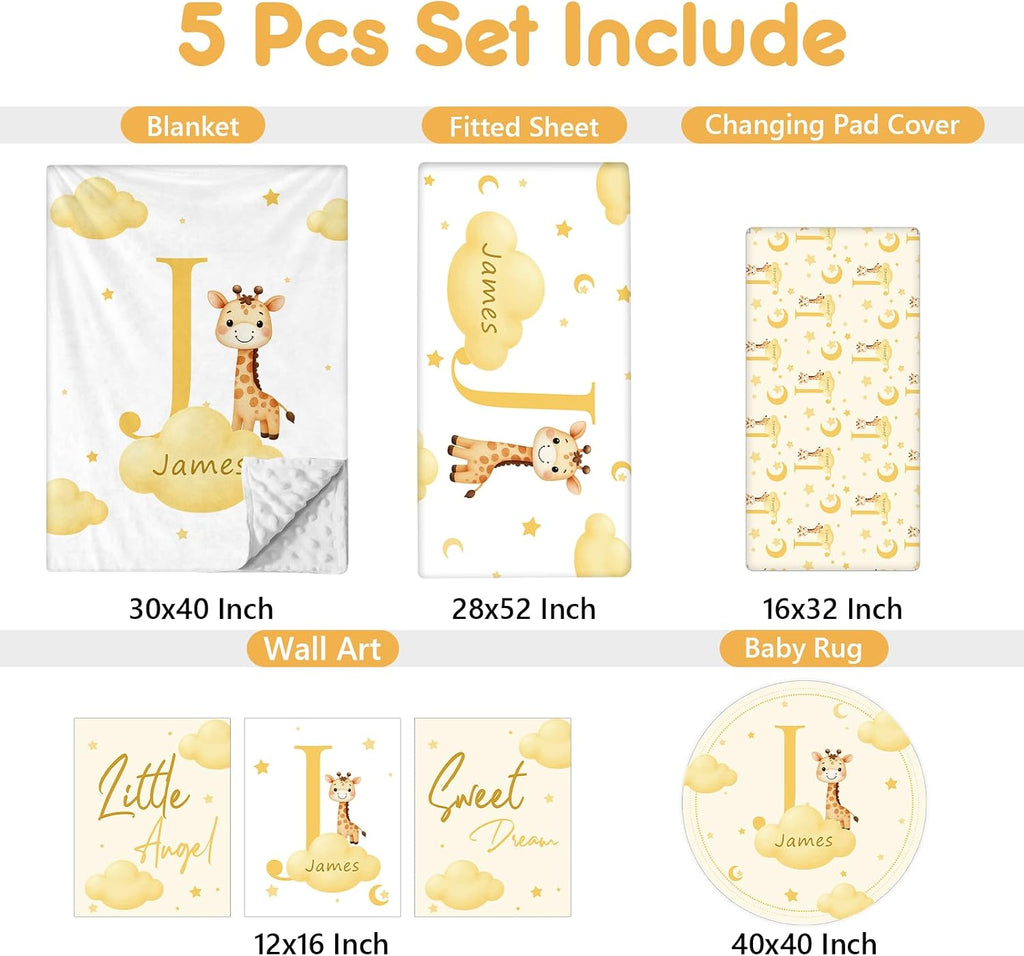 Terwex Custom Baby Bedding Set, 5 Pcs Personalized Name Baby Crib Sets for Infant Toddler Newborn, Yellow Giraffe Nursery Bedding Set for Girls Boys, Double Layer Crib Bedding Sets Customized Gifts