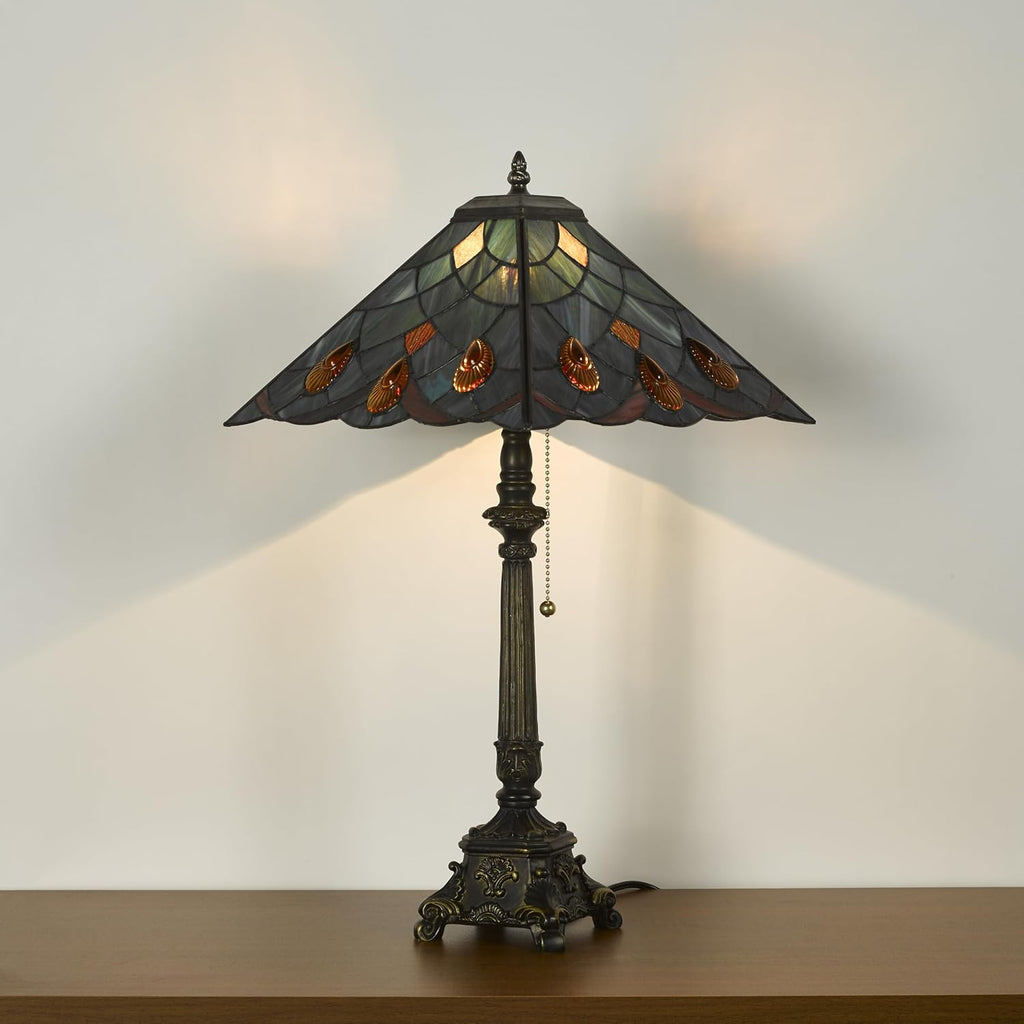 Tiffany Table Lamps Sea Blue Stained Glass Crystal Style Mission Desk Lamp 12X12X24 Inch Bronze Resin Base
