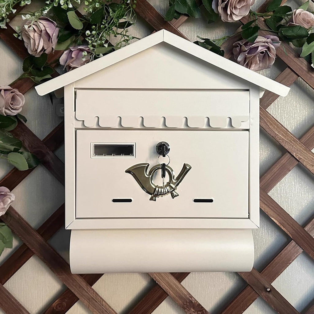 Mailboxes for Outside Locking, Vintage Wall Mount Mailbox, Galvanized Rust-Proof Metal Mailboxes, for Household, Outdoor, Garden(White)