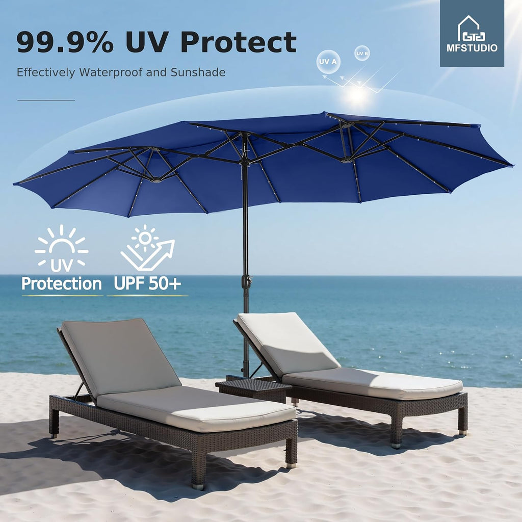 MFSTUDIO 15ft Double Sided Patio Umbrella with Solar Lights, Outdoor Large Umbrellas with Crank Handle and 36 LED Lights, Rectangular Market Umbrella with Base Included for Deck Pool Shade, Haze Blue