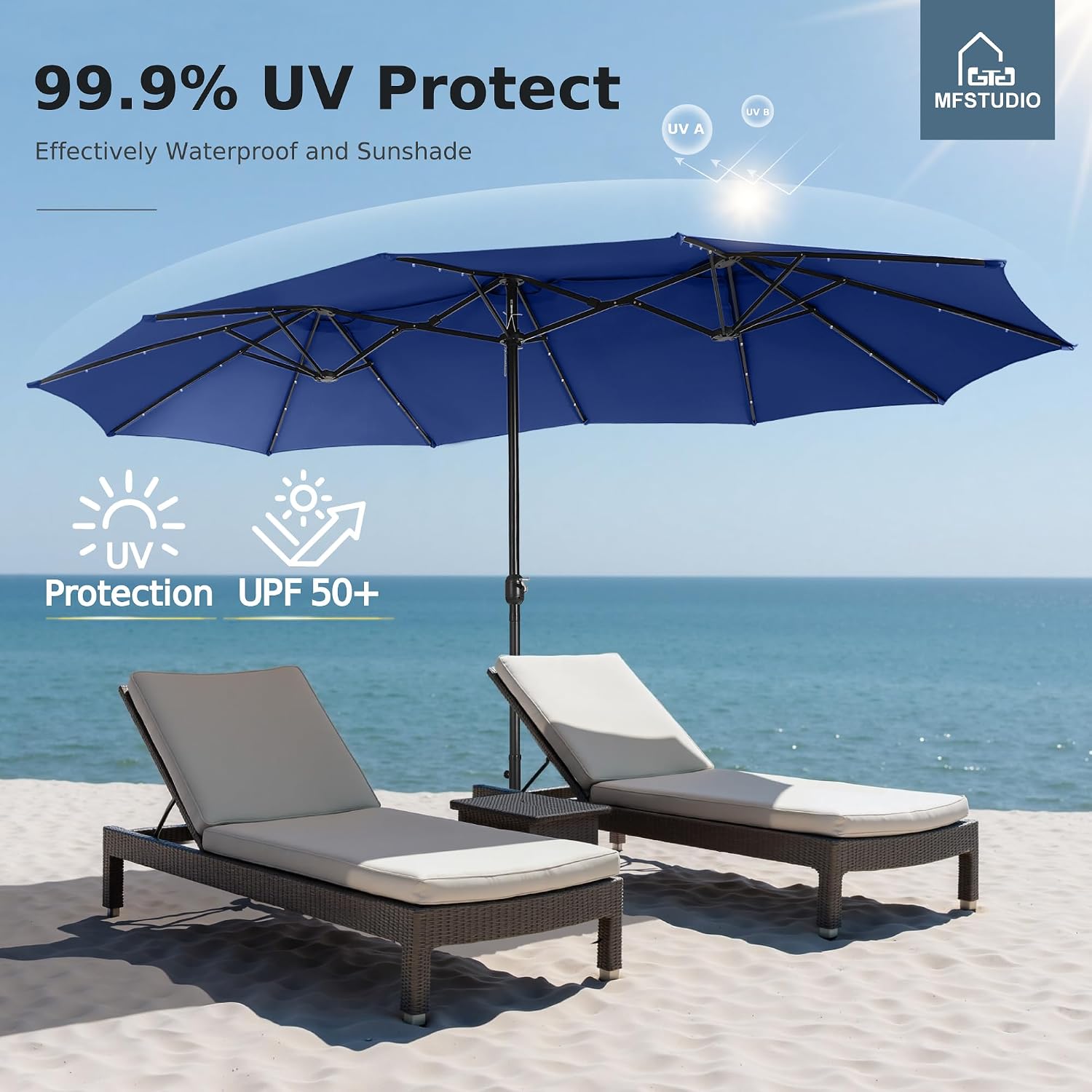 MFSTUDIO 15ft Double Sided Patio Umbrella with Solar Lights, Outdoor Large Umbrellas with Crank Handle and 36 LED Lights, Rectangular Market Umbrella with Base Included for Deck Pool Shade, Haze Blue