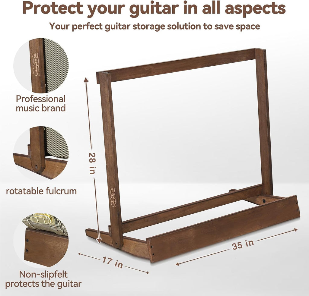 Multi Wood Guitar Rack for 5 Acoustic, Electric or Bass Guitars - Hardwood Stand with Padded Floor Display,18mm-thick wooden plank