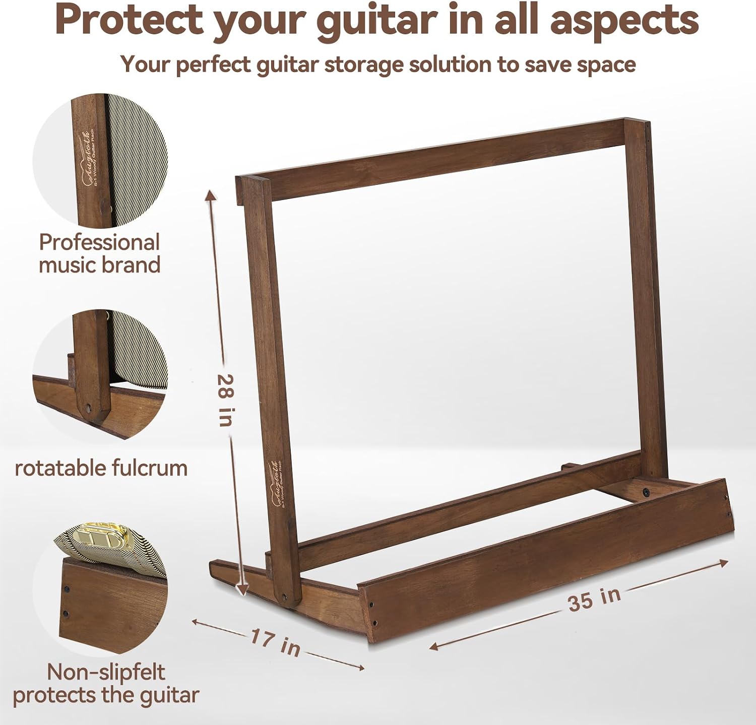 Multi Wood Guitar Rack for 5 Acoustic, Electric or Bass Guitars - Hardwood Stand with Padded Floor Display,18mm-thick wooden plank