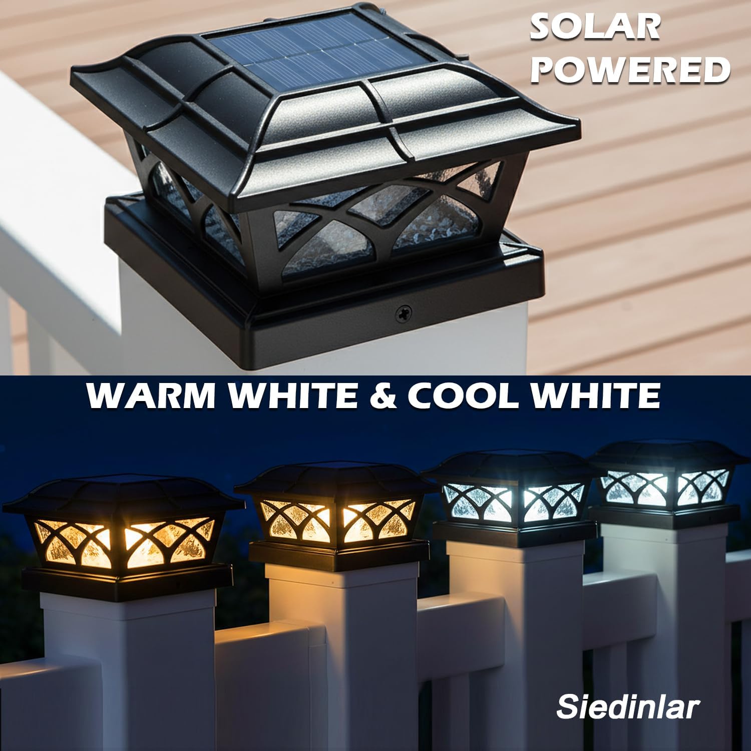 SIEDiNLAR Solar Post Cap Lights Outdoor Glass 2 Color Modes 8 LEDs for 4x4 5x5 6x6 Wooden Vinyl Posts Deck Fence Patio Decoration Warm White & Cool White Lighting Black (10 Pack)