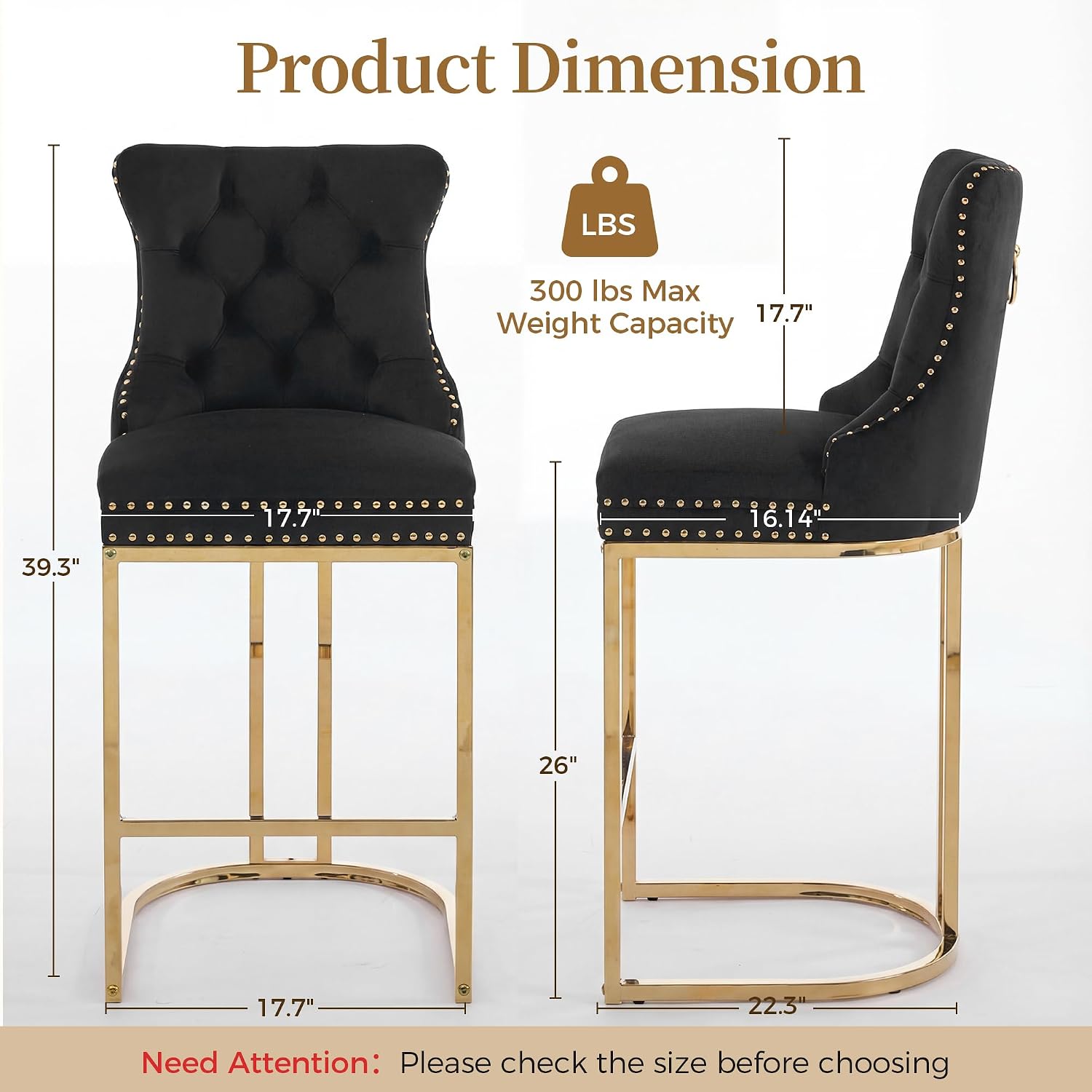 AQO 26 Inch Bar Stools Set of 3, Modern Counter Height Bar Stools with Gold Legs, Upholstered Velvet Counter Stools for Kitchen Island, Black