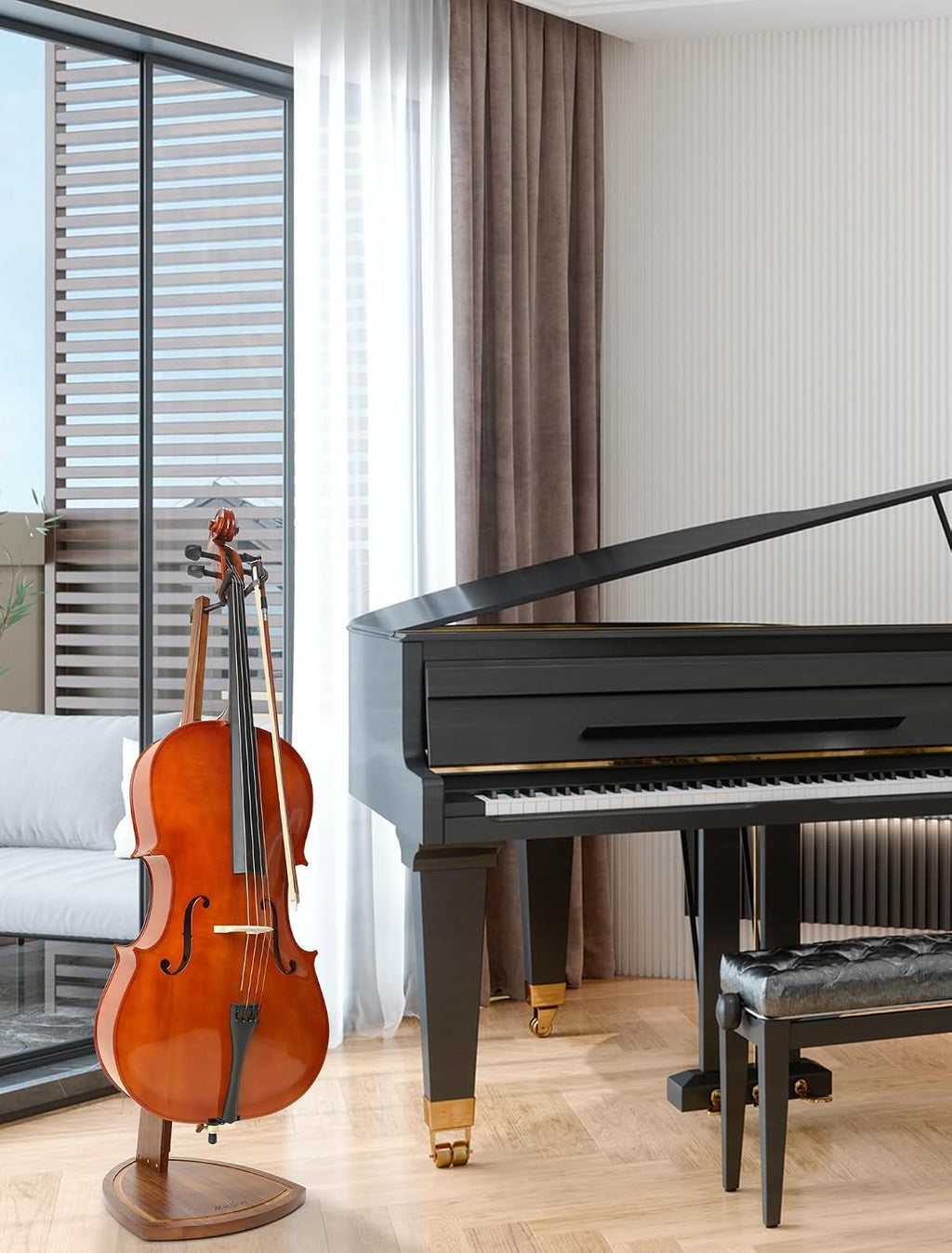 Cello Stand with Bow Holder, Handcrafted Zebra Grain Wood Floor Stand for 4/4 Full-Size and 1/2, 1/4, 3/4, 1/8, 7/8 Cello Home and Studio Display
