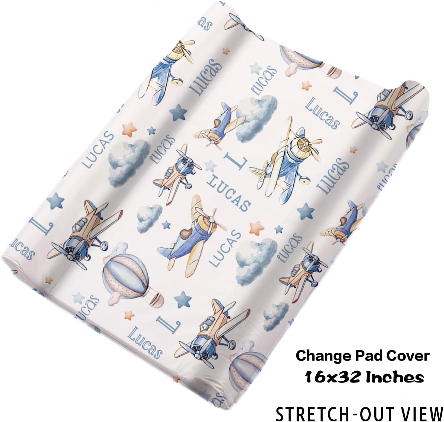Personalized Baby Crib Bedding Set for Baby Boys Girls, Toy Airplane Pattern Custom Name Baby Crib Sets 5-Pcs, Toddler Double Layer Blanket Fitted Sheets Changing Pad Cover Rug Wall Art Set