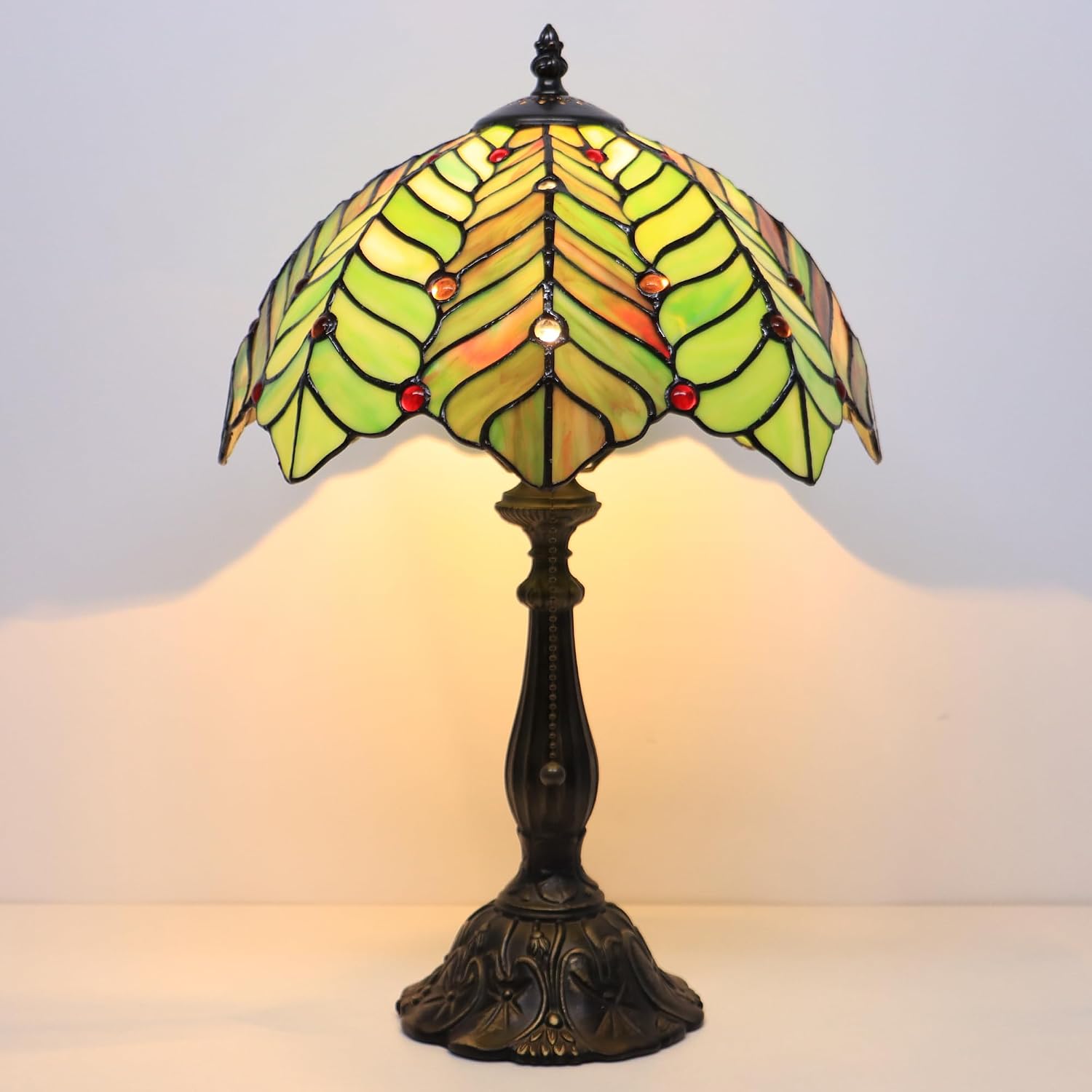 Tiffany Lamp Stained Glass Table Lamp Bedside Reading Light W12H19 Inches (Brown Green Leaf)