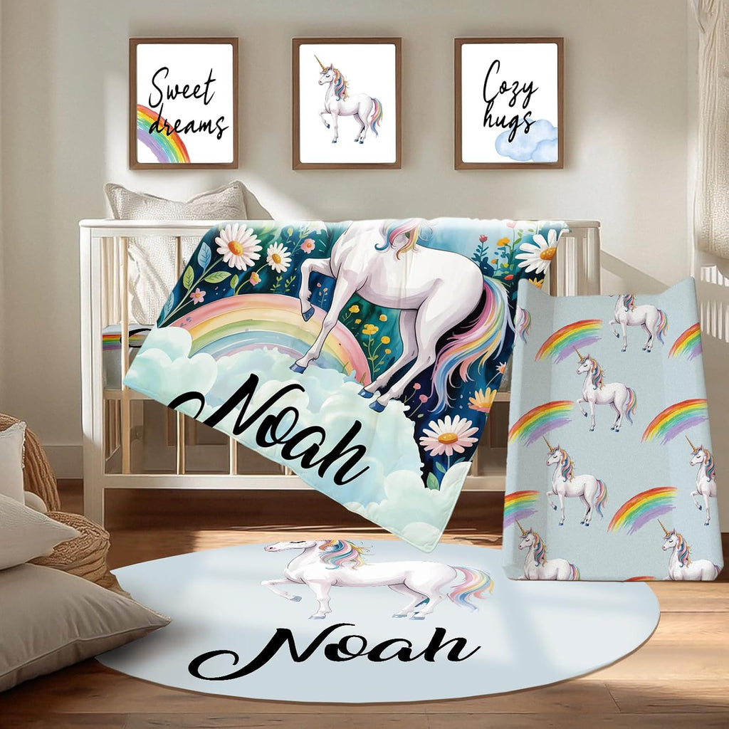 Personalized Baby Crib Bedding Set, Custom Name Nursery Bedding, Unicorn 5 Pcs Baby Bedding Set for Girl Boy, Double Layer Crib Set, Customized Gifts(Fixed Size)