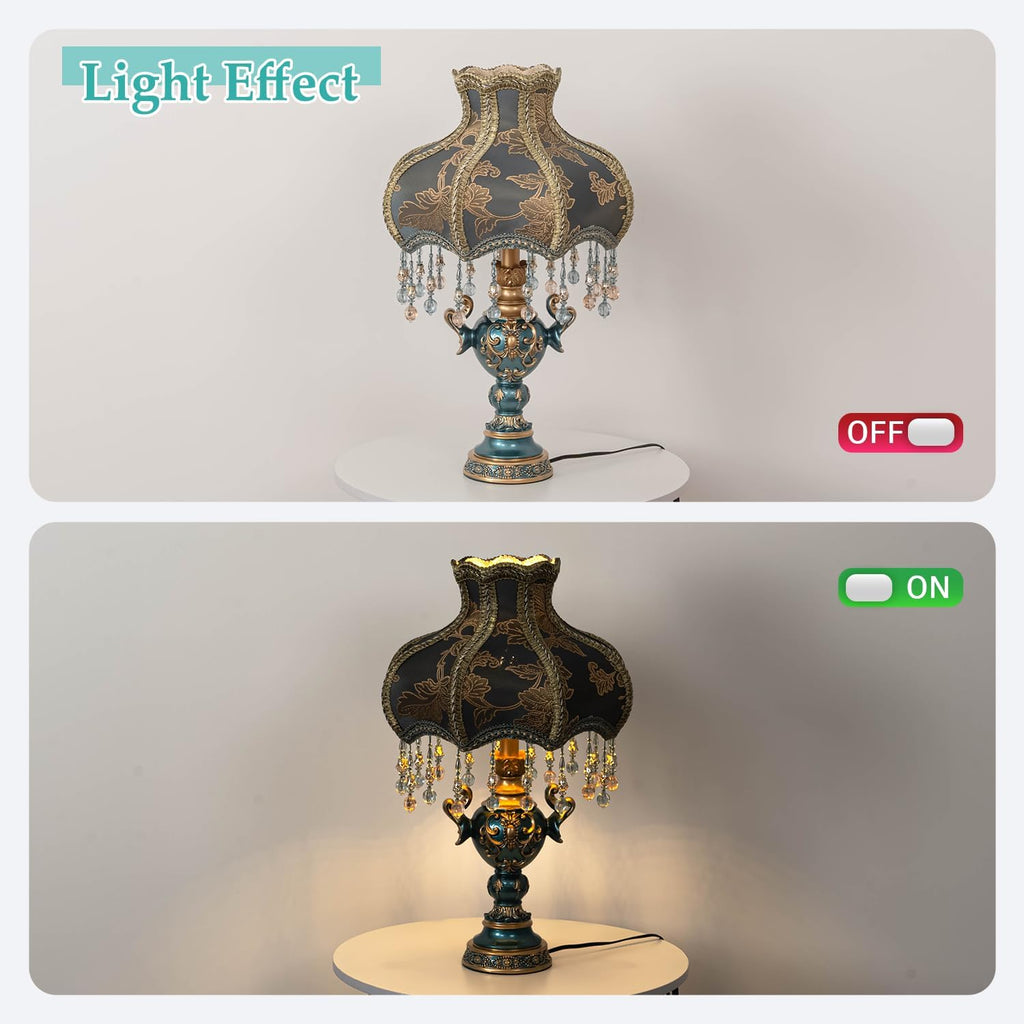 Victorian Style Table Lamp, Antique Flower Decorative Bedside Desk Lamp, Blue Fabric Night Light Elegant Bedside Nightstand Lamps for Bedroom Living Room