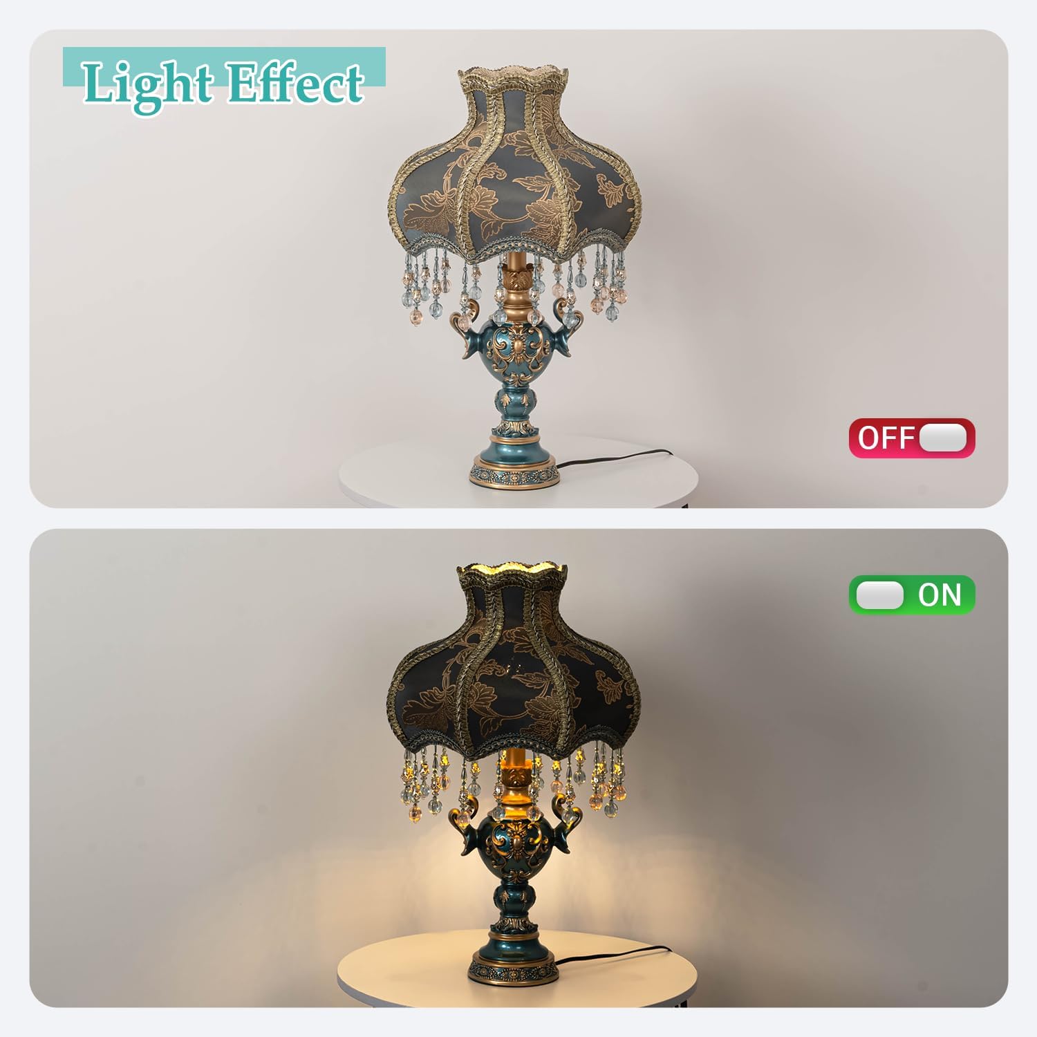 Victorian Style Table Lamp, Antique Flower Decorative Bedside Desk Lamp, Blue Fabric Night Light Elegant Bedside Nightstand Lamps for Bedroom Living Room