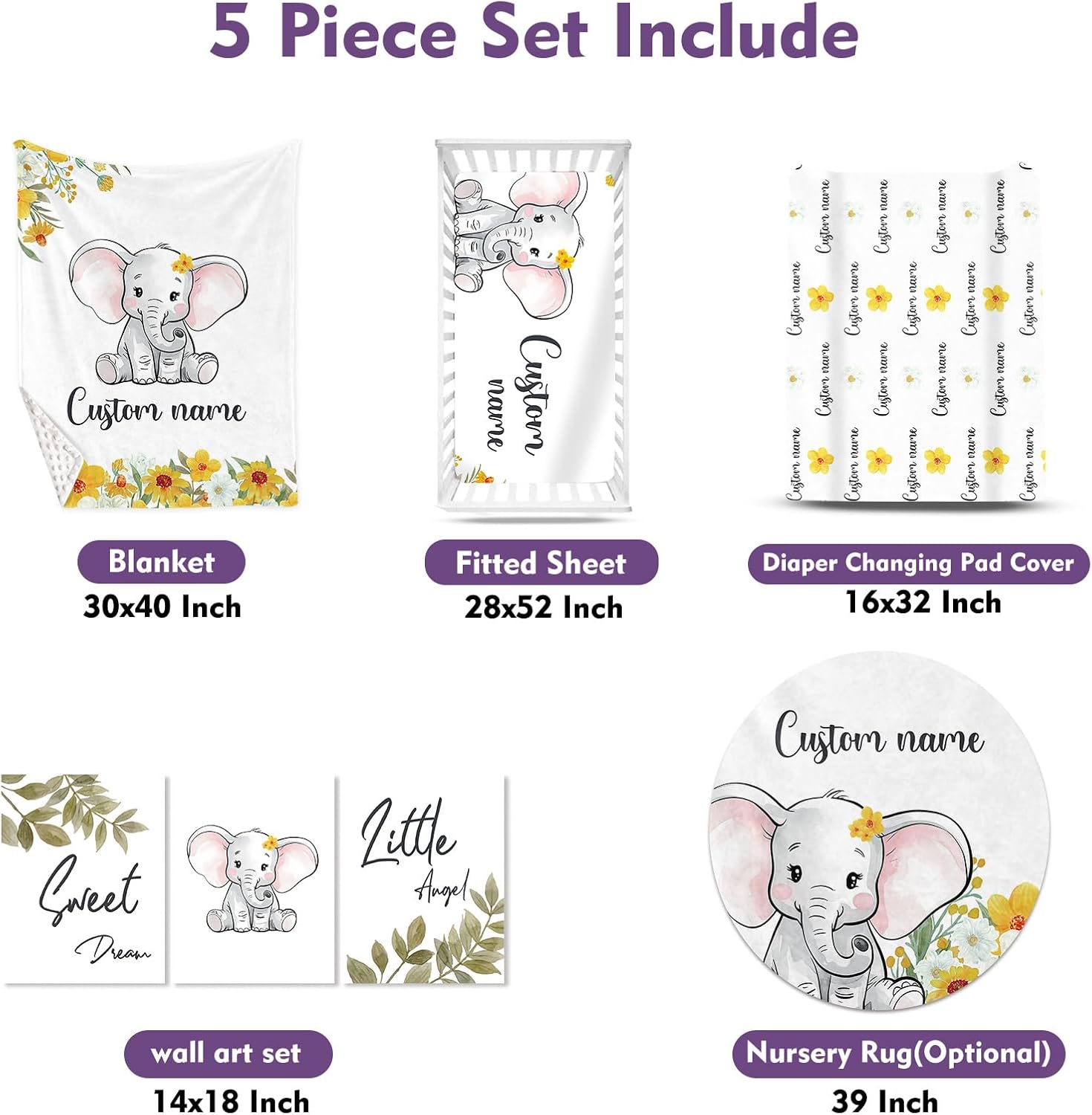 TOOTANN Custom Baby Crib Bedding Set, 5 Pcs Personalized Name Baby Crib Sheets for Kid Toddler Infant, Sunflowers and Little Elephant Nursery Bedding Set