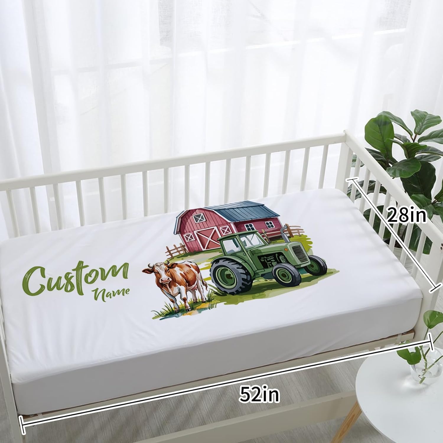 Personalized Crib Bedding Set for Baby Boys, Custom Name Baby Crib Sets 5-Pcs - Toddler Double Layer Blanket Fitted Sheet Changing Pad Cover Rug Wall Art Set, Green Tractor Theme Nursery Décor