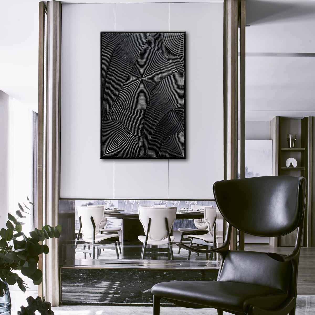 Slyart Black Textured Wall Art, Handmade Contemporary Art 3D Abstract Relief Painting, Framed Thick Texture Vertical Wall Art