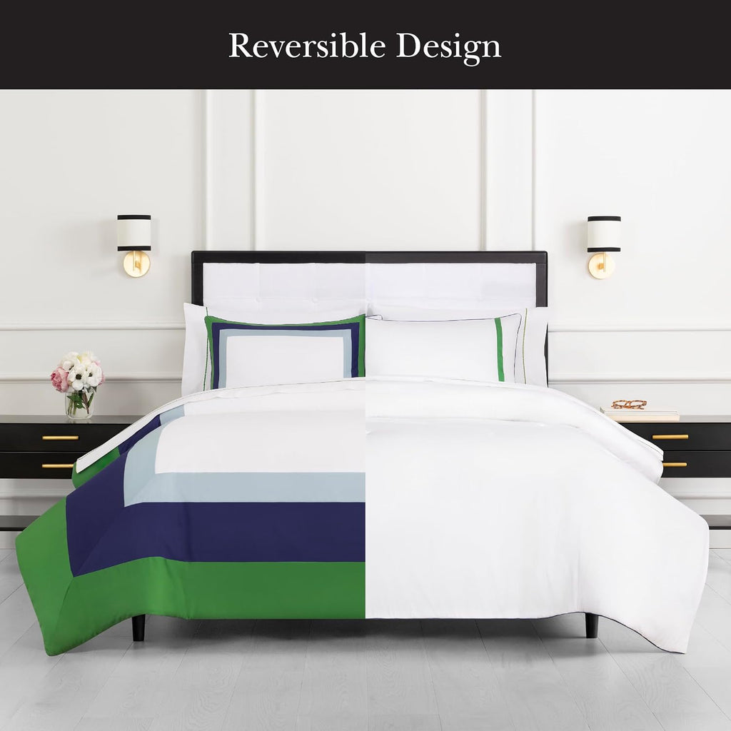 kate spade new york Color Block King Comforter Set, 300 Thread Count and 100% Cotton Cover, All Season 3 Piece Reversible Bedding Set, Machine Washable, Navy, Green and White