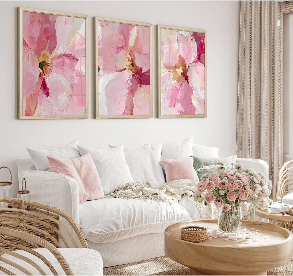 Abstract Floral Wall Art Pink Flower Canvas Pictures Modern Wall Decor Blush Pastel Pink Prints Peony Painting Minimalist Poster Botanical Artwork for Bedroom Living Room 24x36x3 Inch Wood Framed
