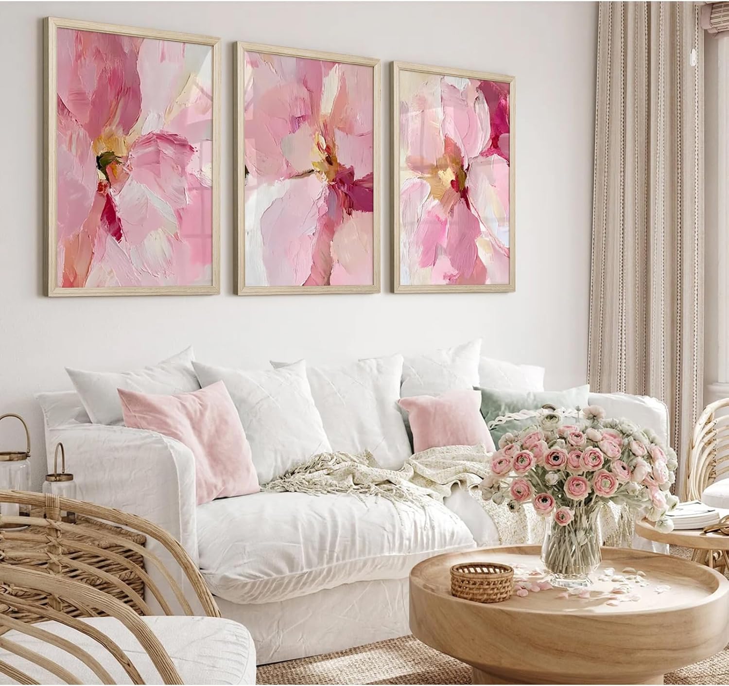 Abstract Floral Wall Art Pink Flower Canvas Pictures Modern Wall Decor Blush Pastel Pink Prints Peony Painting Minimalist Poster Botanical Artwork for Bedroom Living Room 24x36x3 Inch Wood Framed