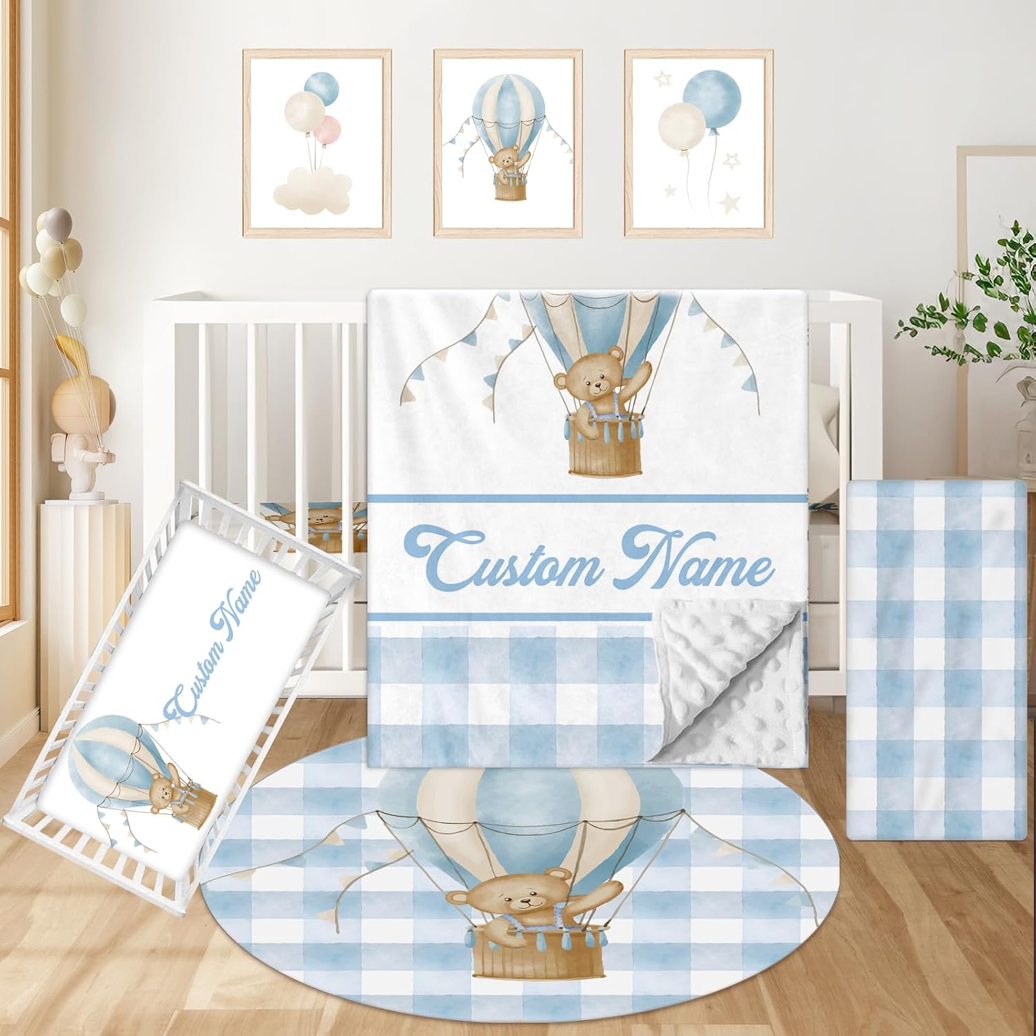 Personalized Baby Crib Bedding Set, Custom Name Nursery Bedding, Hot Air Balloon 5 Pcs Baby Bedding Set for Girl Boy, Double Layer Crib Set, Customized Gifts(Fixed Size)