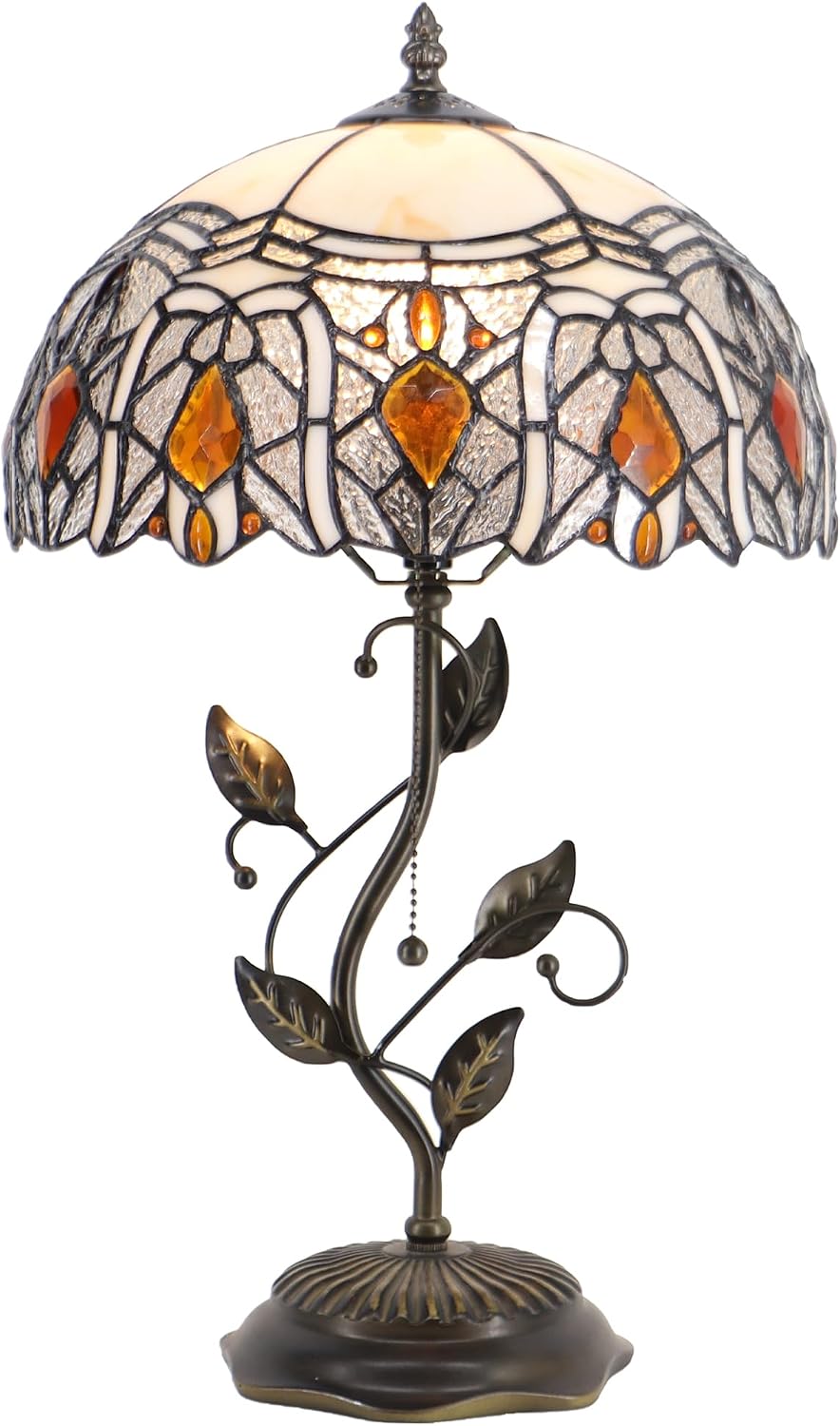 Tiffany Table Lamp Stained Glass Desk Lamp Metal Leaf Base Reading Light 12X19 Inch (Crystal Style)