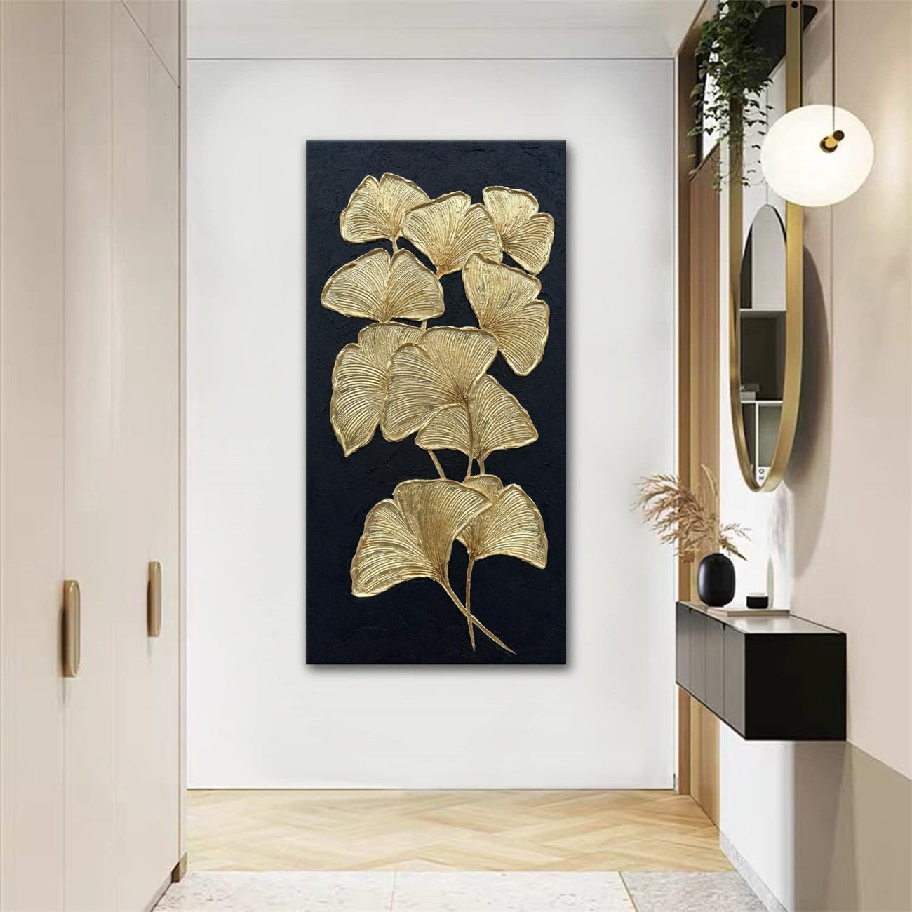 Slyart Large Gold Gingko Paintings Vertical Textured Wall Art, Gold and Black 3D Abstract Oil Painting on Canvas Wall Art Ready to Hang