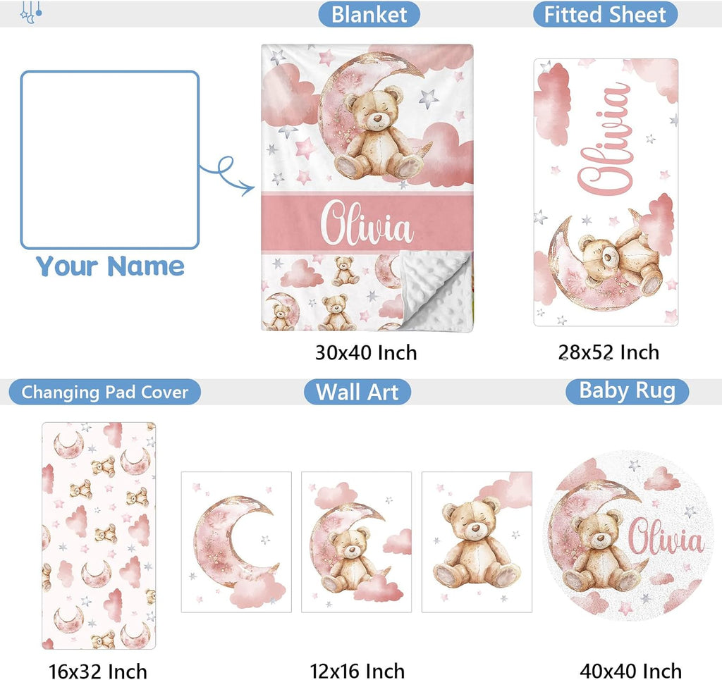 KAINSY Custom Baby Crib Set, 5 Pcs Personalized Name Pink Bear Theme for Infants Toddlers, Nursery Bedding for Girls, Double Layer Customized Gifts
