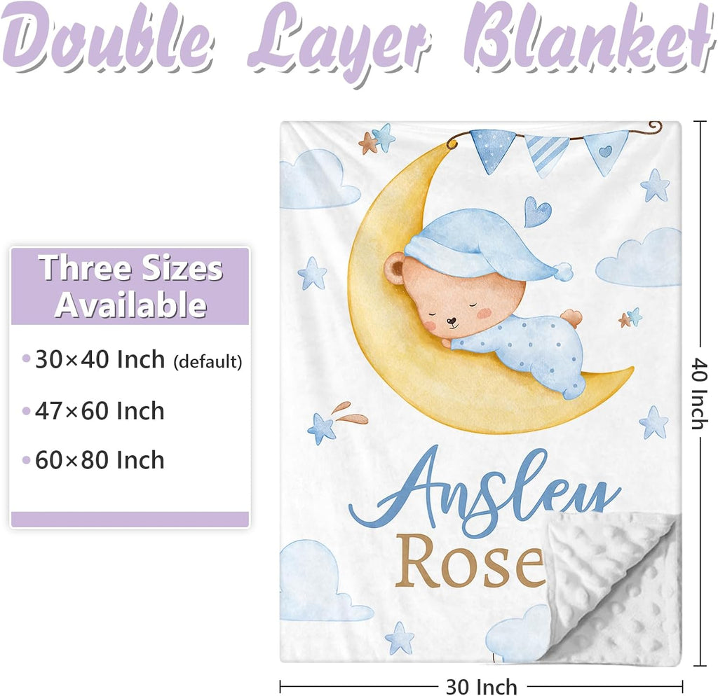 Custom Baby Crib Bedding Set, 5 PCS Personalized Name Baby Crib Sets for Girls Boys, Blue Bear Theme Nursery Bedding Sets for Infant Toddler, Double Layer Flannel Bed Set Customized Gifts