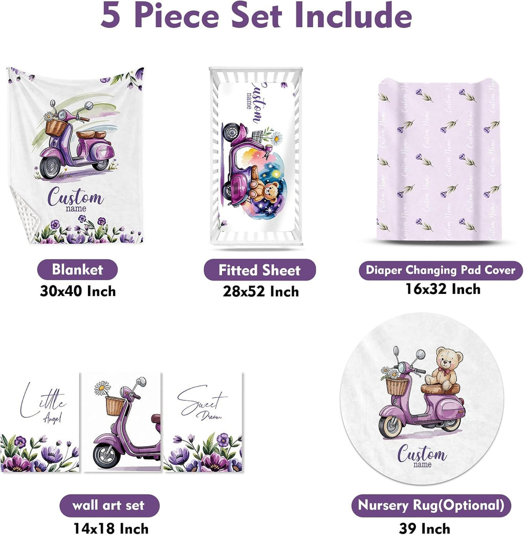 Personalized Crib Bedding Set for Girls, Custom Name Baby Crib Sets 5-Pcs Include Toddler Double Layer Blanket Fitted Sheet Changing Pad Cover Rug Wall Art Set, Electric Bicycles Pattern Nursery Décor