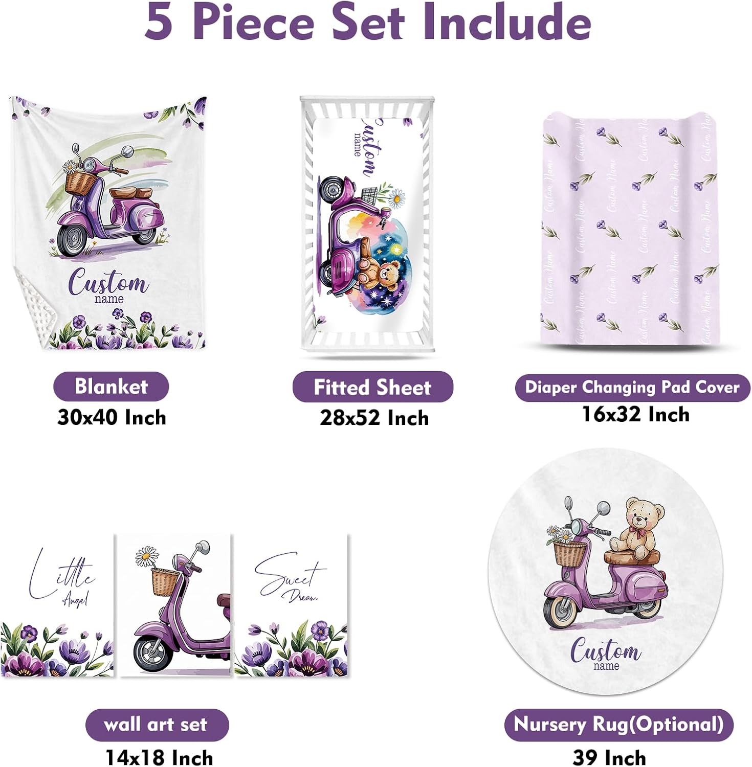 Personalized Crib Bedding Set for Girls, Custom Name Baby Crib Sets 5-Pcs Include Toddler Double Layer Blanket Fitted Sheet Changing Pad Cover Rug Wall Art Set, Electric Bicycles Pattern Nursery Décor