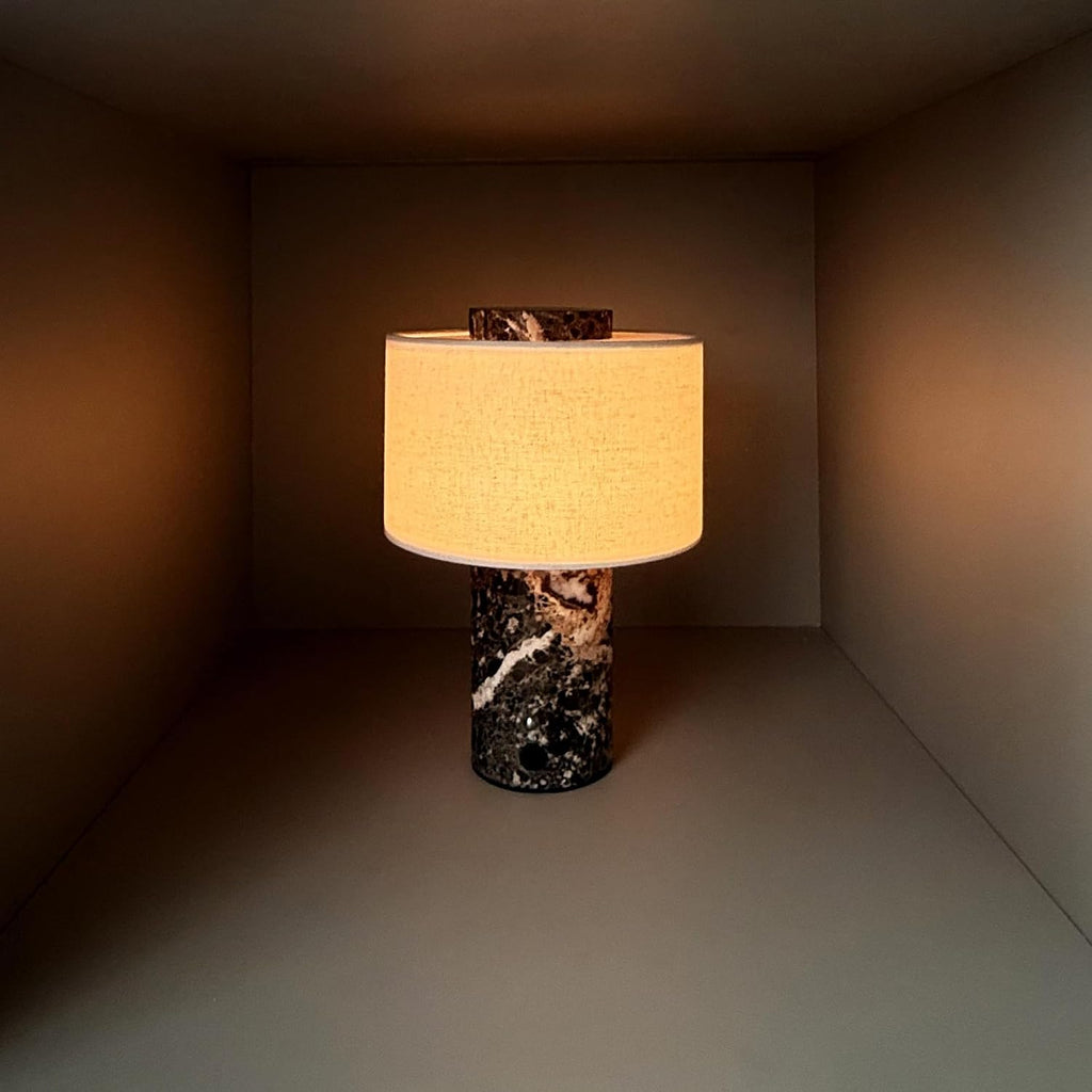 BSOD Marble Lamp, Stone Table Lamps Collection - Modern Cylindrical Lampshade Cordless Luxury Design Bedside Lamp for Home Decor, Bedroom, Living Room & Office (Plug-in Emperador Dark Lamp)