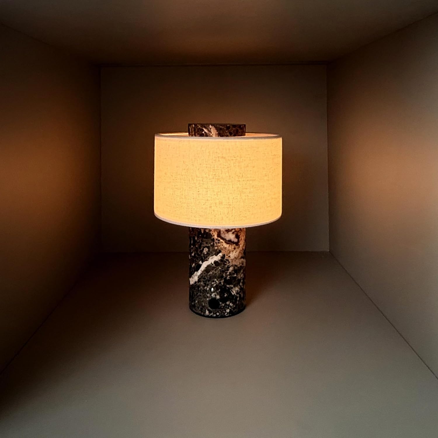 BSOD Marble Lamp, Stone Table Lamps Collection - Modern Cylindrical Lampshade Cordless Luxury Design Bedside Lamp for Home Decor, Bedroom, Living Room & Office (Plug-in Emperador Dark Lamp)