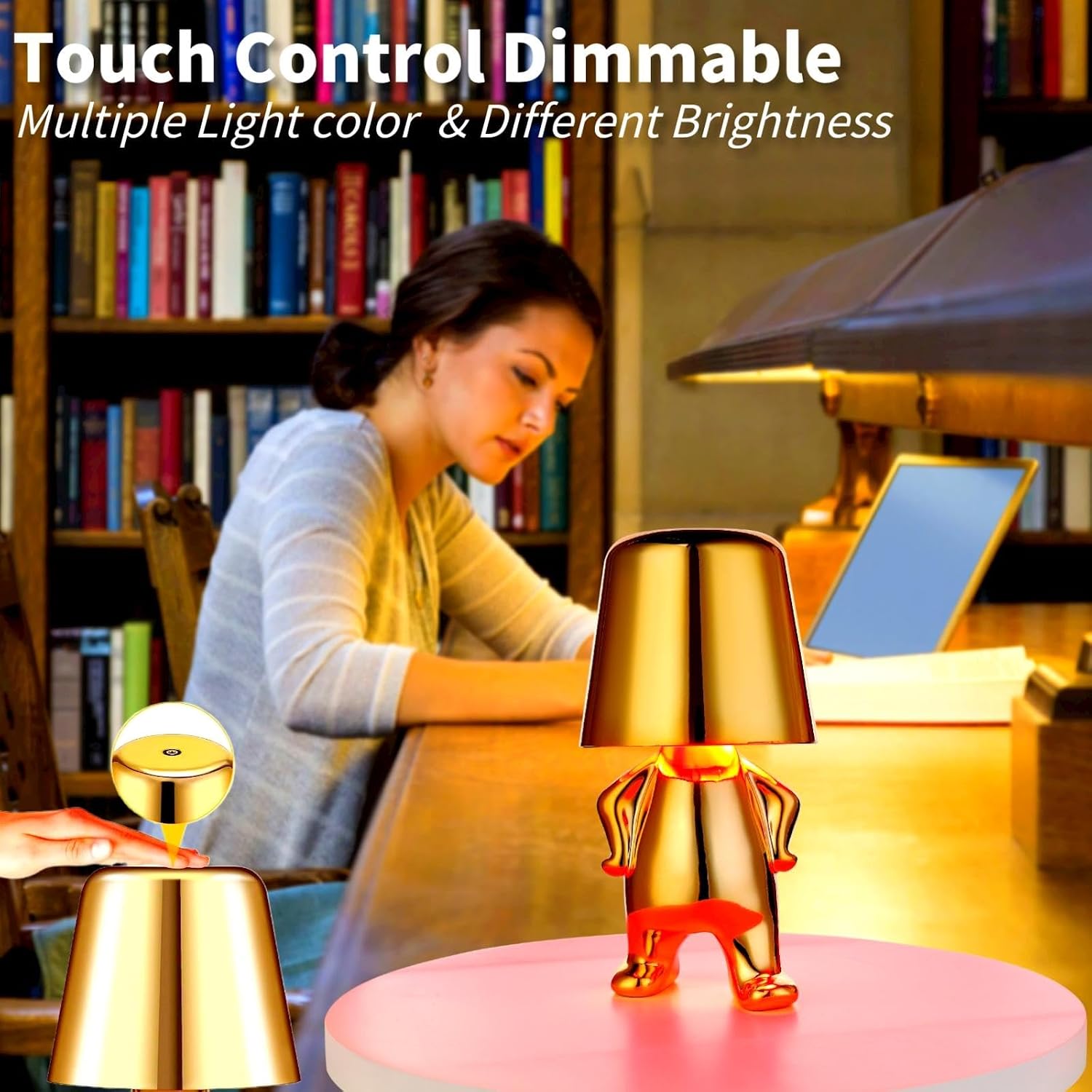 Thinker Lamp Collection, Gold Bedside Touch Table Lamp Cute Desk Decor Cordless Rechargeable Nightstand Night Light with Dimmable Brightness for Home, Office, Bedroom (5 Pack)