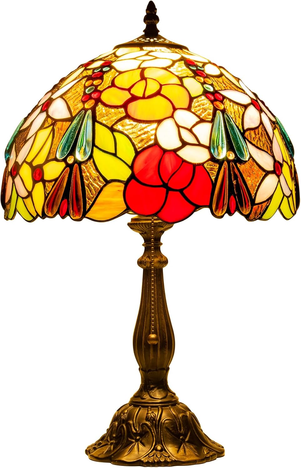Tiffany Style Stained Glass Table Lamp, Floral Flower Desk Light with Antique Bronze Resin Base, Colorful Decorative Lighting for Bedroom, Living Room, Office 12X12X19 Inch (Flower Floral)