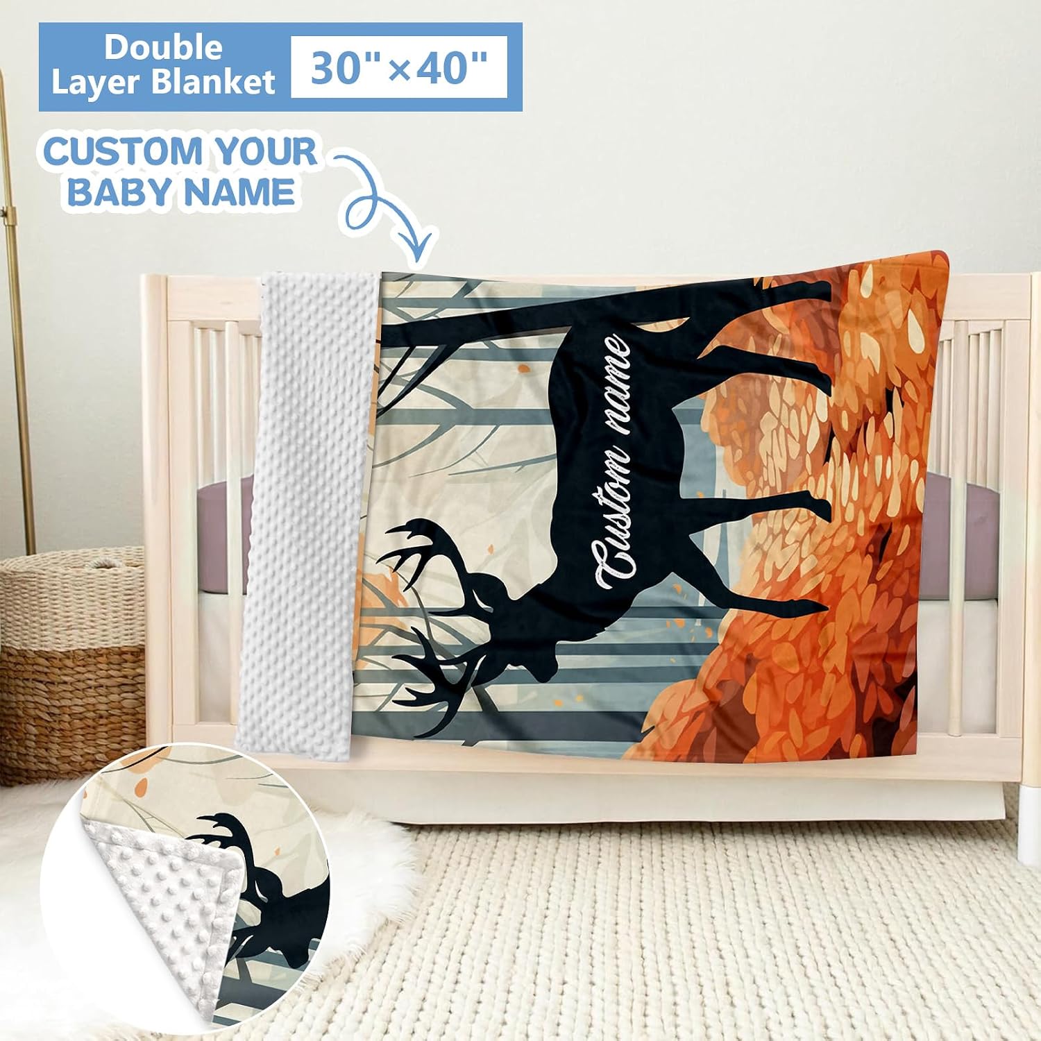 KAINSY Personalized Baby Crib Bedding Set, 5 Pcs Custom Baby Crib Set with Name, Soft Flannel Deer Crib Bedding Set for Boys, Double Layer Nursery Bedding Set, Toddler Infant Bedding Set Parents Gift