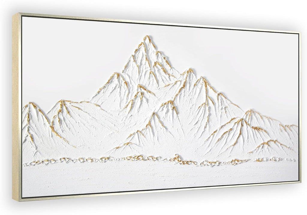 White and Gold Framed Paintings Textured Wall Art - 3D Mountain 100% Hand Painted Canvas Home Decor 48x24 Large Horizontal Contemporary Artwork Decoration for Living Room Bedroom