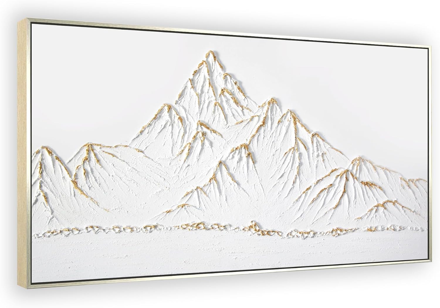 White and Gold Framed Paintings Textured Wall Art - 3D Mountain 100% Hand Painted Canvas Home Decor 48x24 Large Horizontal Contemporary Artwork Decoration for Living Room Bedroom
