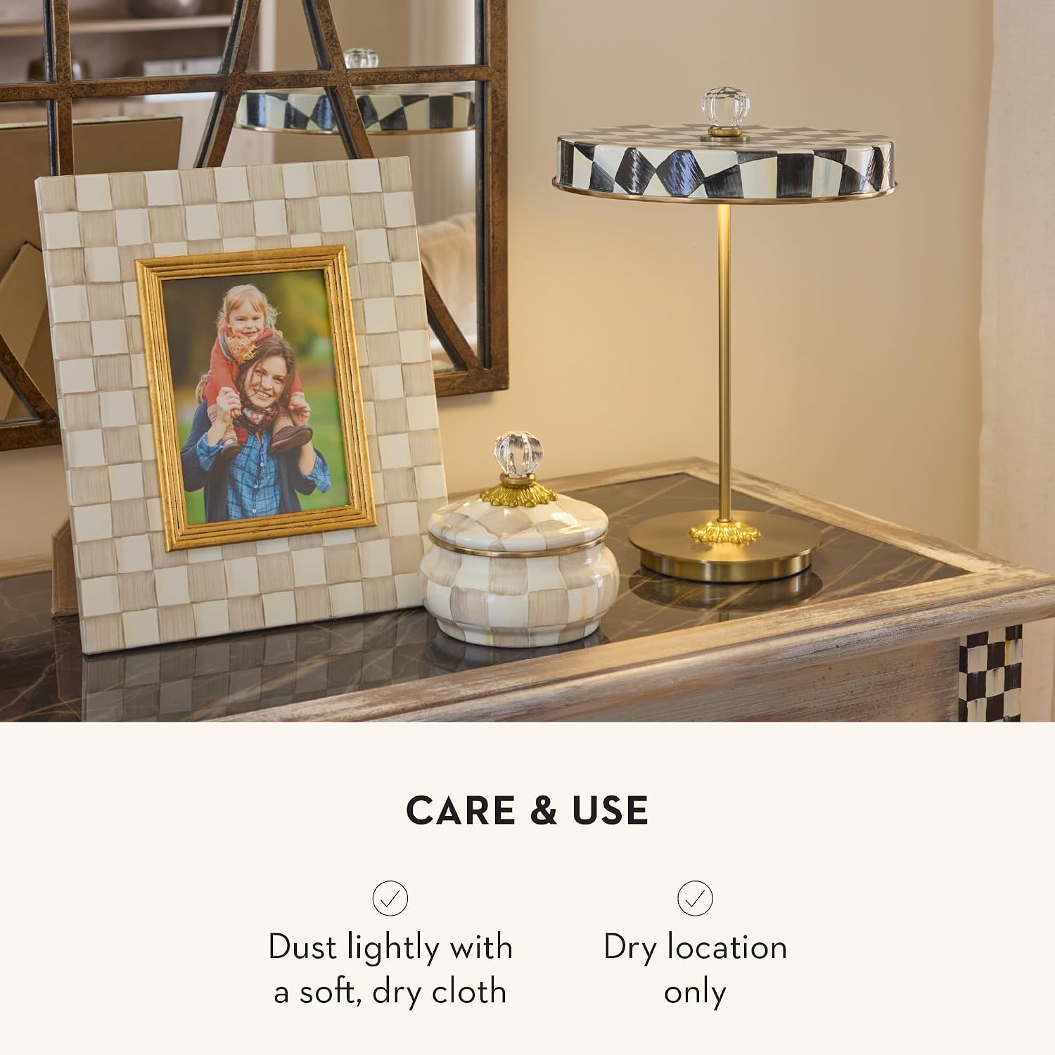 MACKENZIE-CHILDS LED Rechargeable Disk Table Lamp, Cordless Touch Lamp, Black-and-White Courtly Check