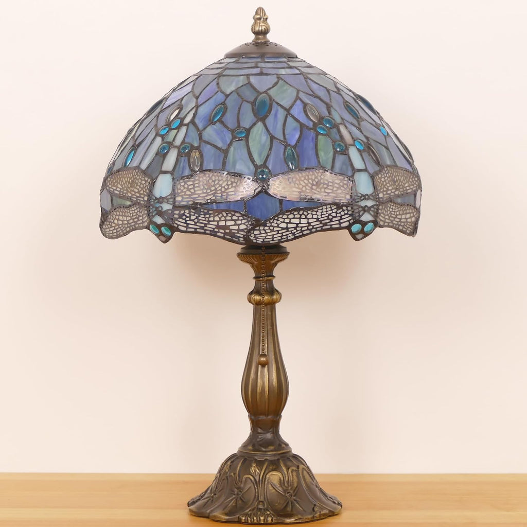 Tiffany Lamp Stained Glass Table Lamp Antique Bedside Reading Light W12H19 Inches (Sea Blue Dragonfly)