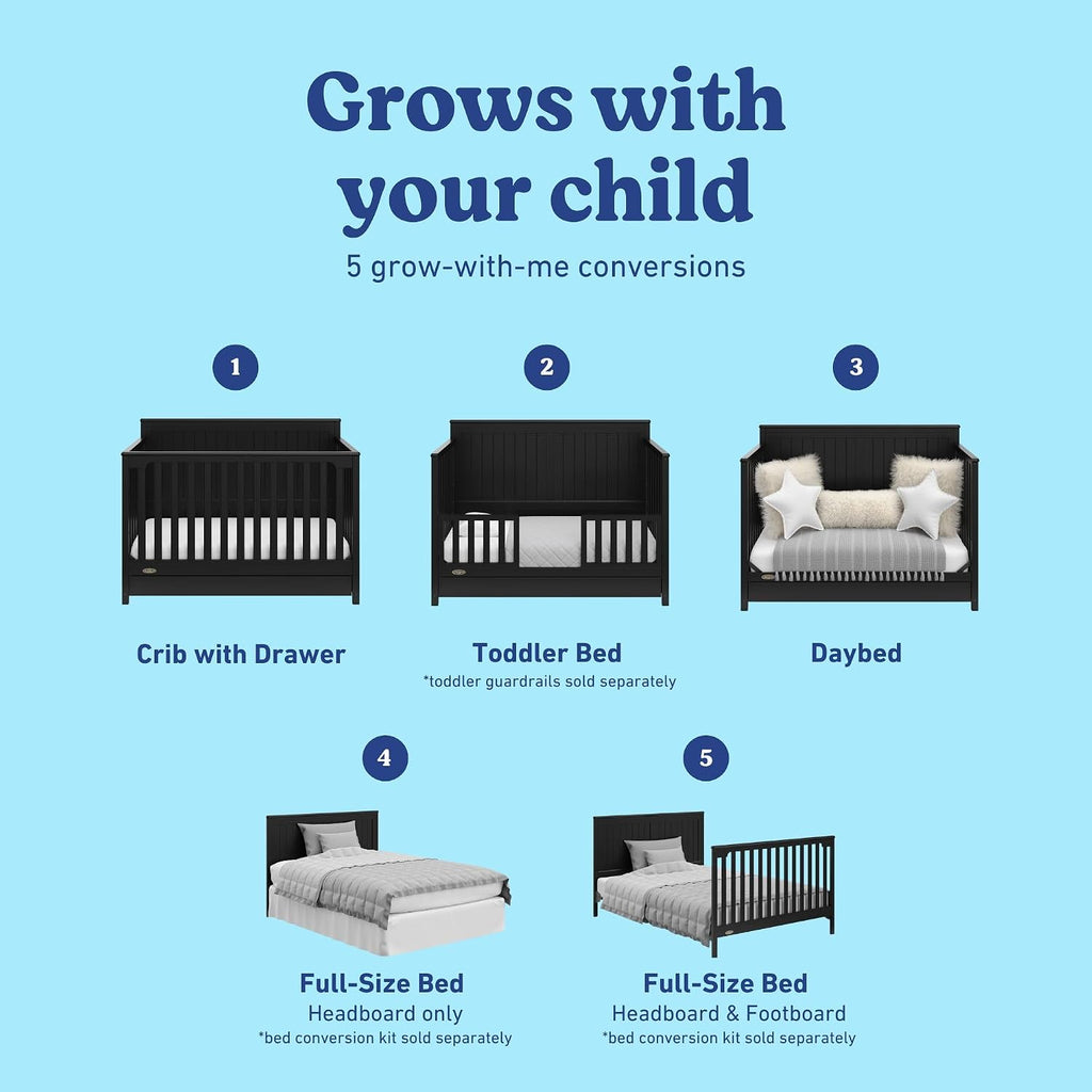 Graco Hadley 5-in-1 Convertible Crib with Drawer – GREENGUARD Gold Certified, Fits Standard Crib Mattress, Converts to Toddler Bed, Daybed and Full Bed, 4 Adjustable Mattress Heights (Black)