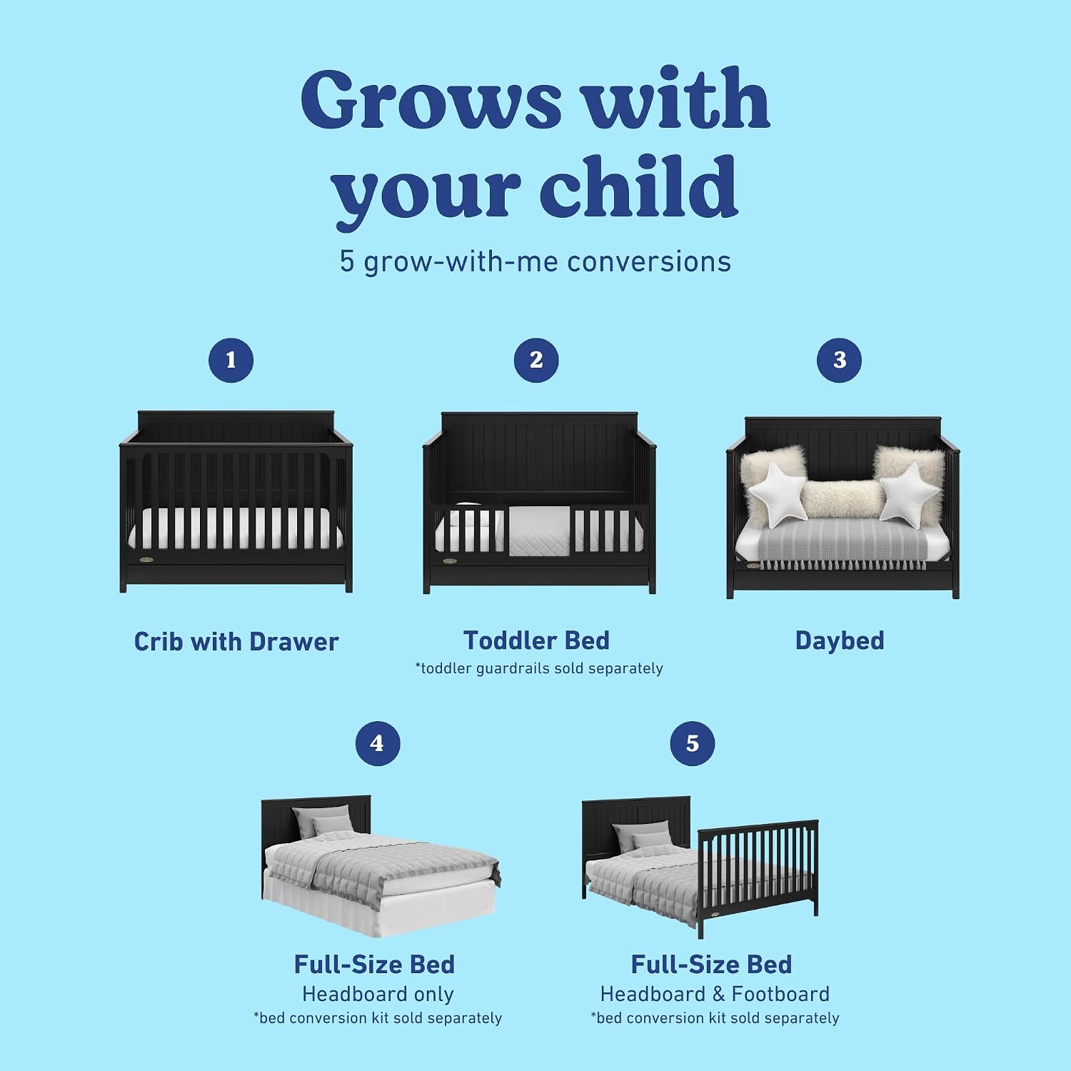 Graco Hadley 5-in-1 Convertible Crib with Drawer – GREENGUARD Gold Certified, Fits Standard Crib Mattress, Converts to Toddler Bed, Daybed and Full Bed, 4 Adjustable Mattress Heights (Black)