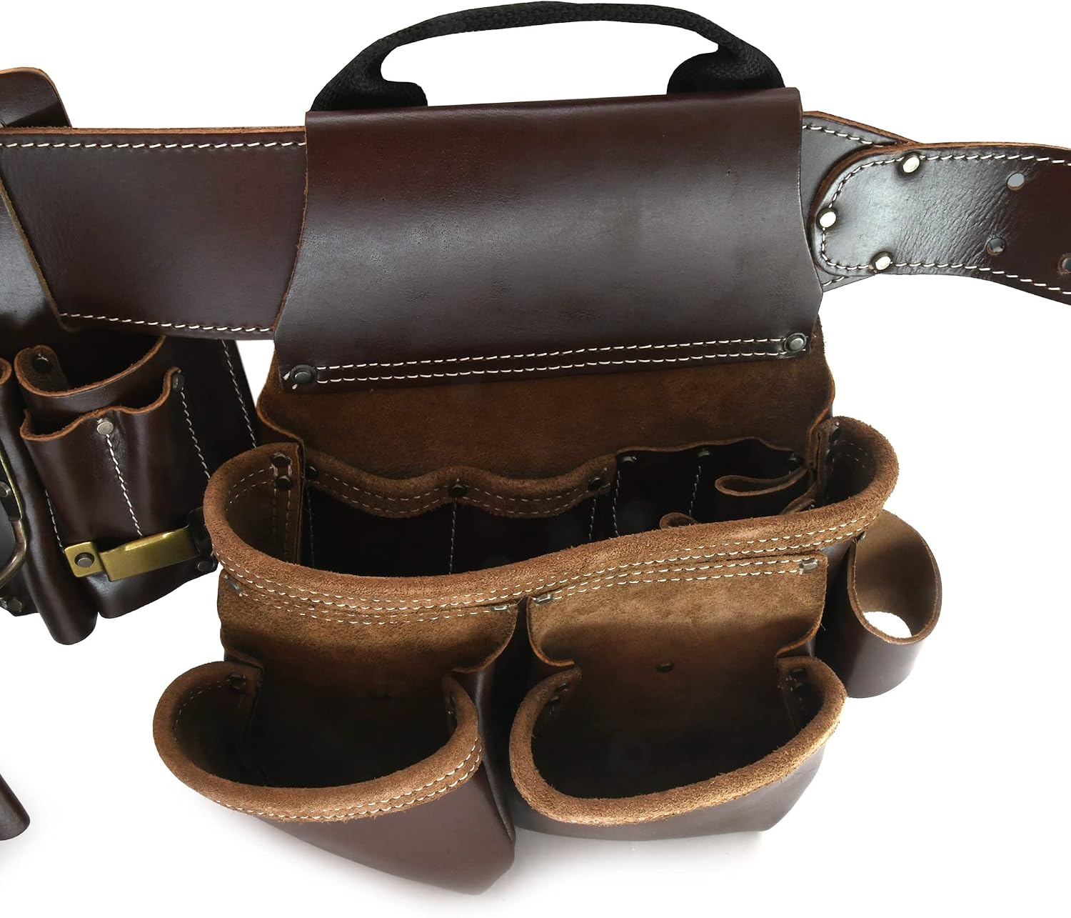 Style n Craft 4-Piece and 22-Pocket Pro Framer's Combo, Tool Belt with 2 Tool Pouches, a 4-Pocket Multi-Tool Holder, and 1 Leather Hammer Loop, Full-Grain Leather Carpenter Tool Belt, Dark Tan (98454)