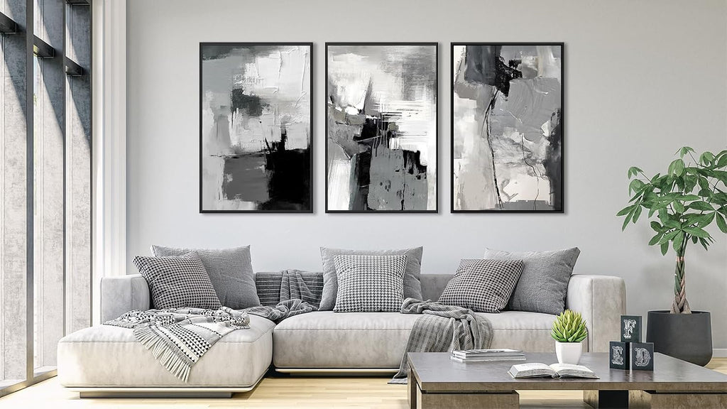 Large Framed Canvas Wall Art - Retro Grey Graffiti Pictures for Living Room Rustic Abstract Wall Decor Vintage Prints for Bedroom Dinning Room Black Float Framed 24' X 36' X 3 pcs