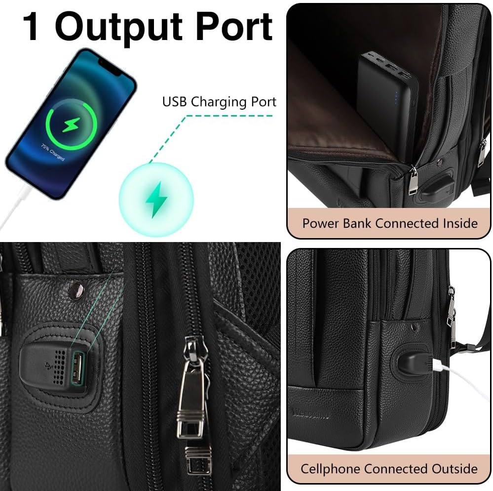 Full Grain Genuine Leather Backpack for Men Multi-Functional 15.6' Laptop Backpack with USB Charging, Black Convertible Business Travel Backpack Work Rucksack Daypack