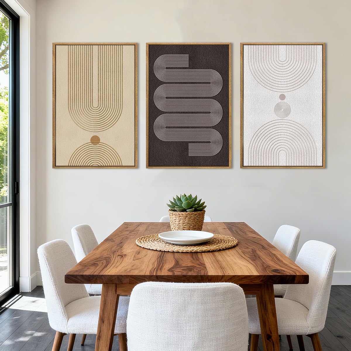 Anyzal Extra Large Modern Neutral Framed Wall Art 24x36 Inch Black Abstract Canvas Wall Decor Beige Boho Geometric Artwork for Living Room Bedroom Dining Room Set of 3