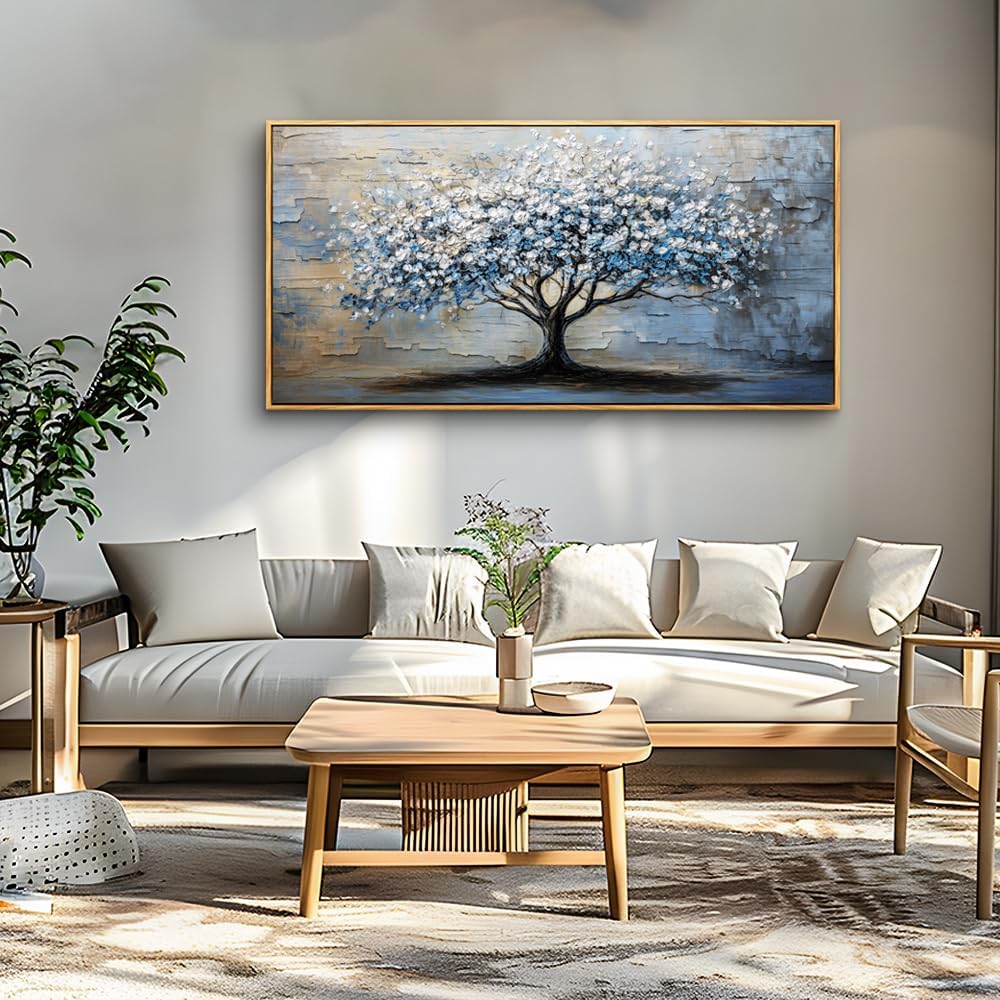 ERQINHUA Wood Framed Abstract Wall Art Office Large Wall Decor Art For Living Room Wall Pictures Blue Grey TreePainting Framed Canvas Artwork Bedroom Dining room Home Decoration Aesthetics 24'X48'